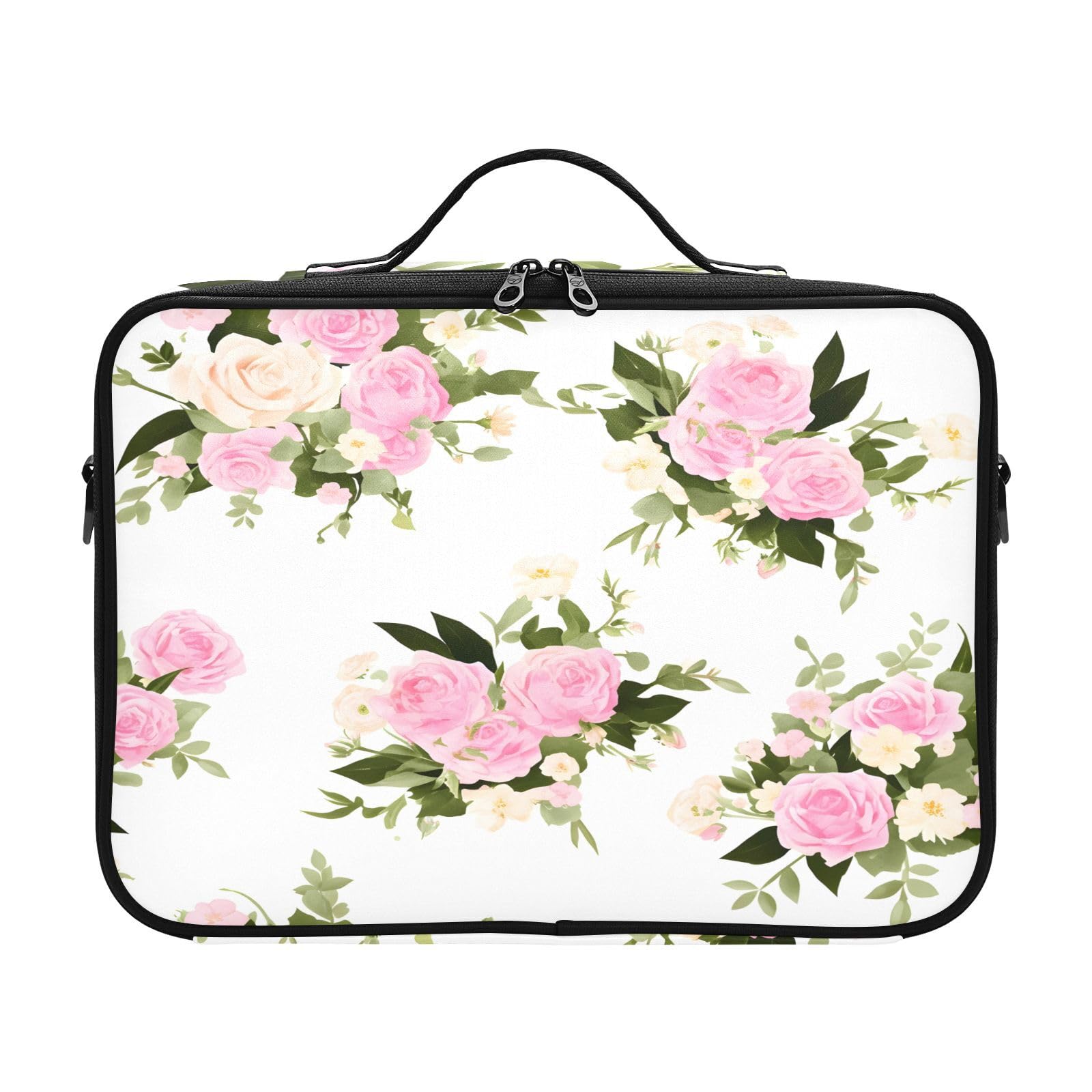 zyrtty Travel Makeup Train Case Flower Pink White Green Pattern Cosmetic Organizer Portable Storage Bag with Adjustable Dividers for Cosmetics Brushes Toiletry Jewelry Digital Accessories