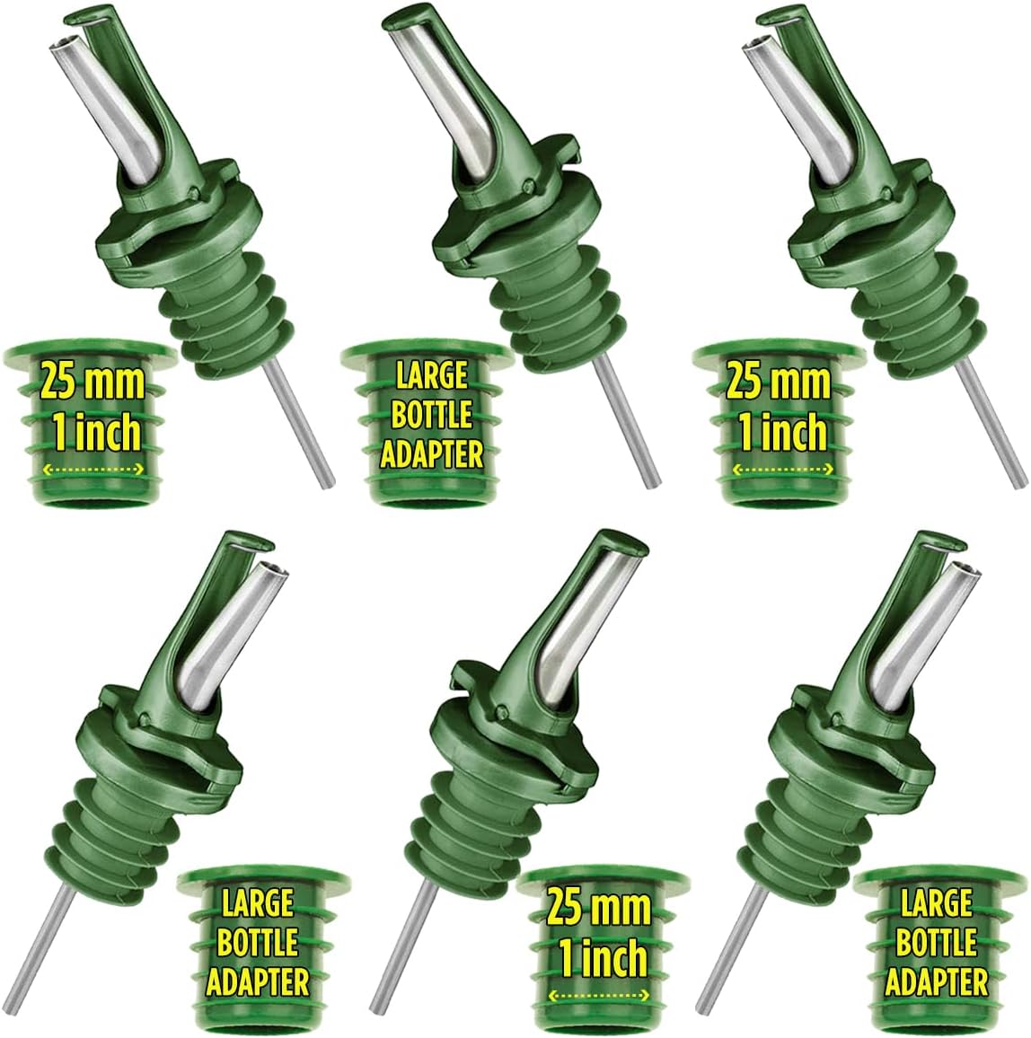 Poura Olive Oil Bottle Drizzler Spouts – Airtight BPA-Free Natural Rubber ClickSeal Pourers with Built-in Caps – Use Your Own Bottles with Large Adapters – Dishwasher Safe – Green 6 Pack