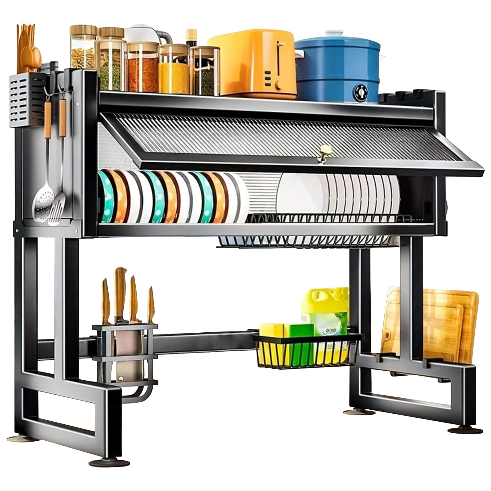 GiHaood Over the Sink Dish Drying Rack 3 Tier Heavy Duty Metal Washing Up Drainer Rack Over Sink Dish Organizer With Multiple Shelves and 6 Hooks for Drying and Storing Dishes Cups and Utensils