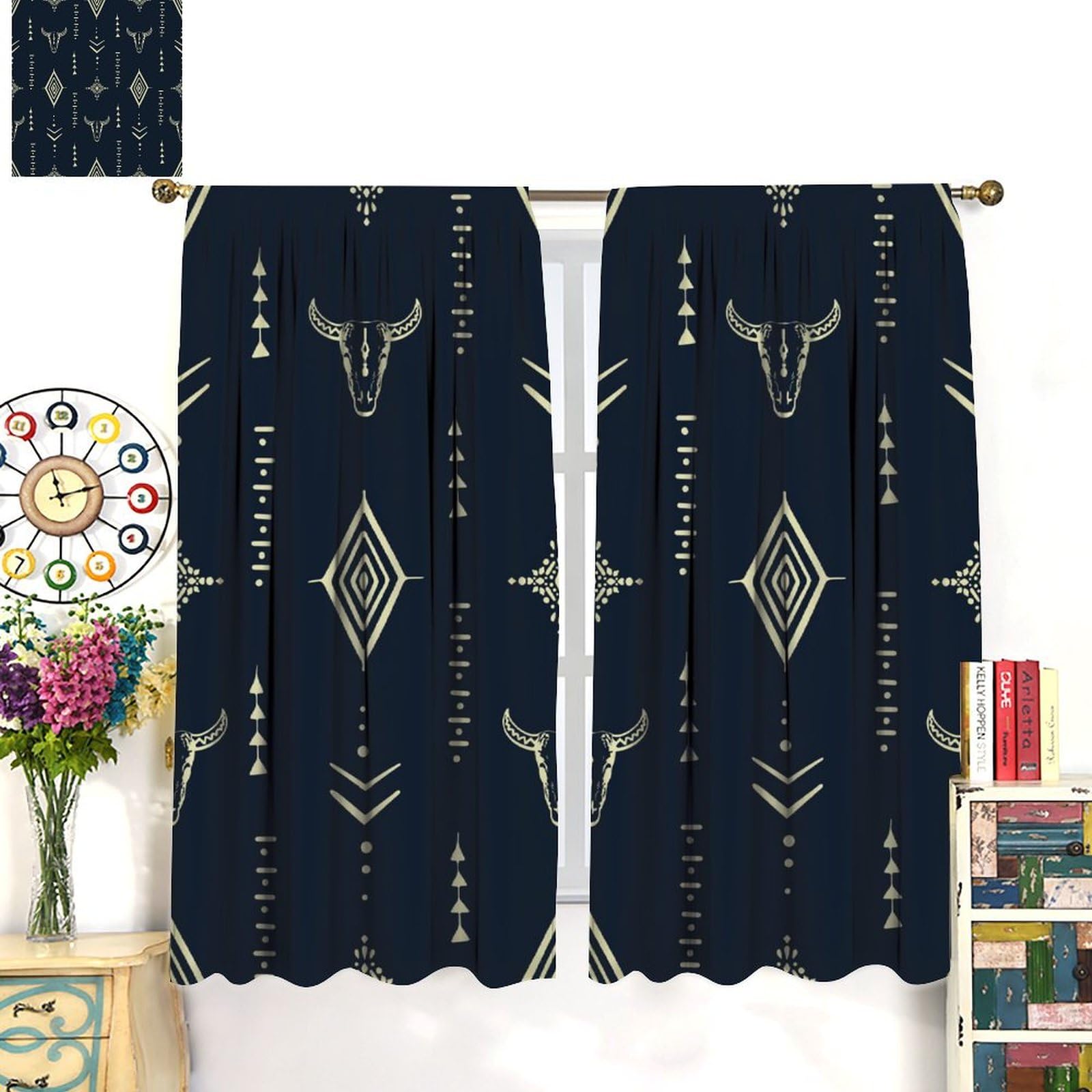 Cortinas aztecas opacas para dormitorio, diseño tribal occidental de calavera de toro nativo, tribal, bohemio, patrón azteca, cortinas de ventana para sala de estar, 42 x 45 pulgadas