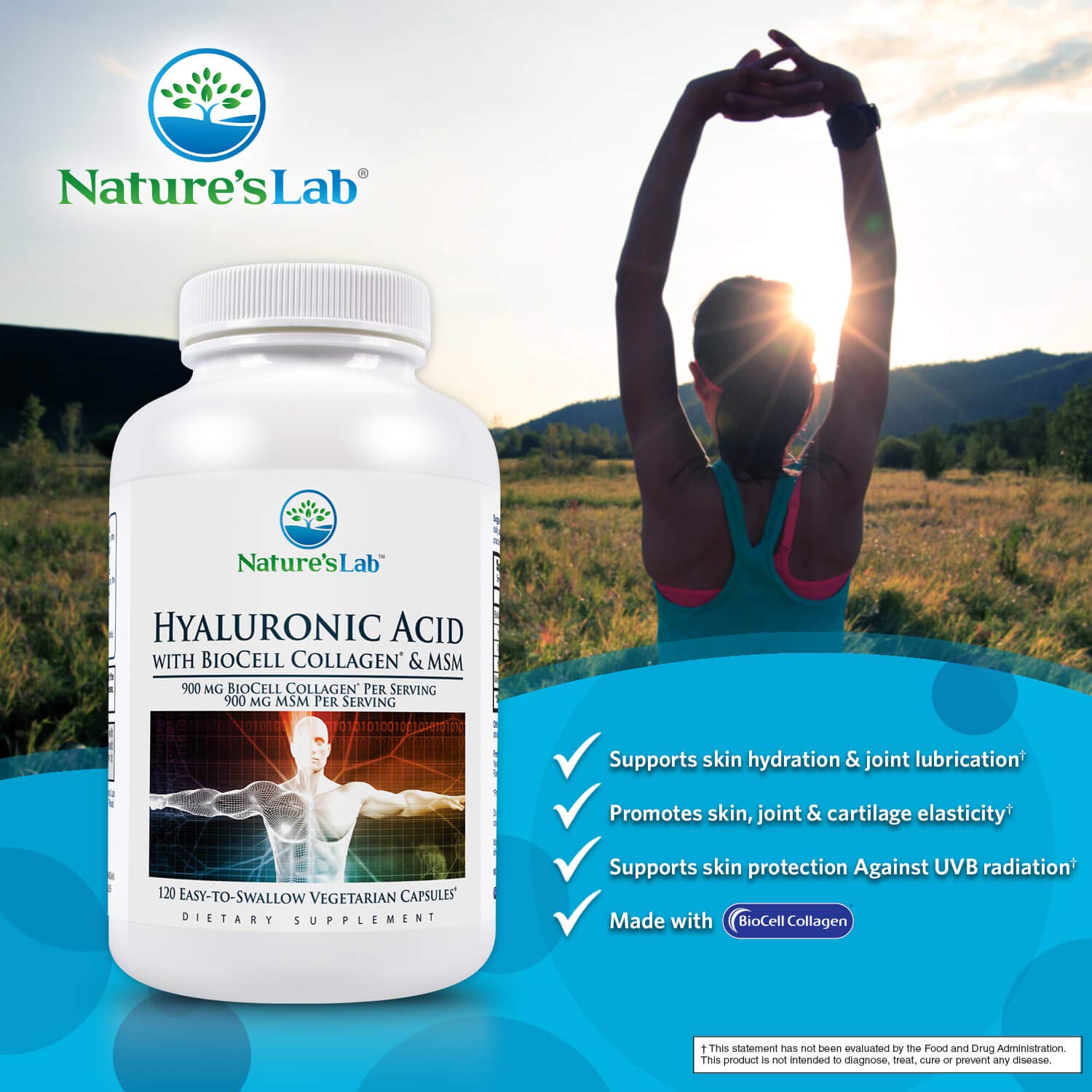 Nature's Lab Hyaluronic Acid with Biocell Collagen and MSM Skin