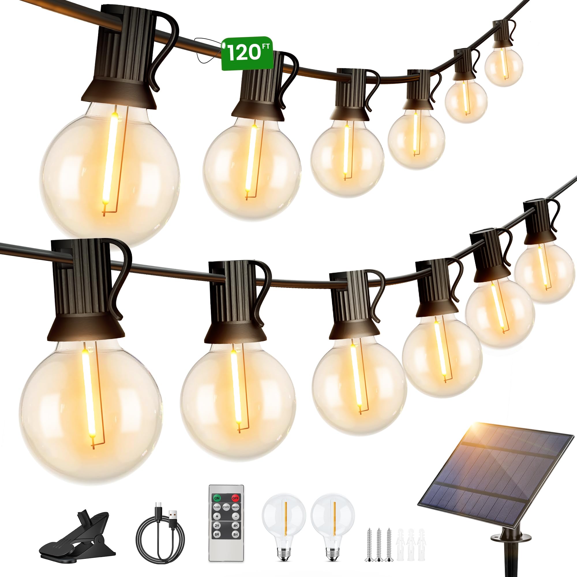 Torkase LED Solar Lichterkette Aussen 36M - 50+2 Lichterketten Außen G40 Glühbirnen IP65 Wetterfest Solarlichterkette mit Fernbedienung Outdoor für Garten Balkon Party Hochzeit, 2200K Warm Weiß