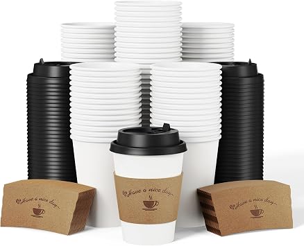 LITOPAK 100 Pack 12 oz Disposable Coffee Cups with Lids and Kraft Sleeves, Leak-Proof White To Go Coffee Cups for Office, Cafe, Catering, Events and Daily Commute