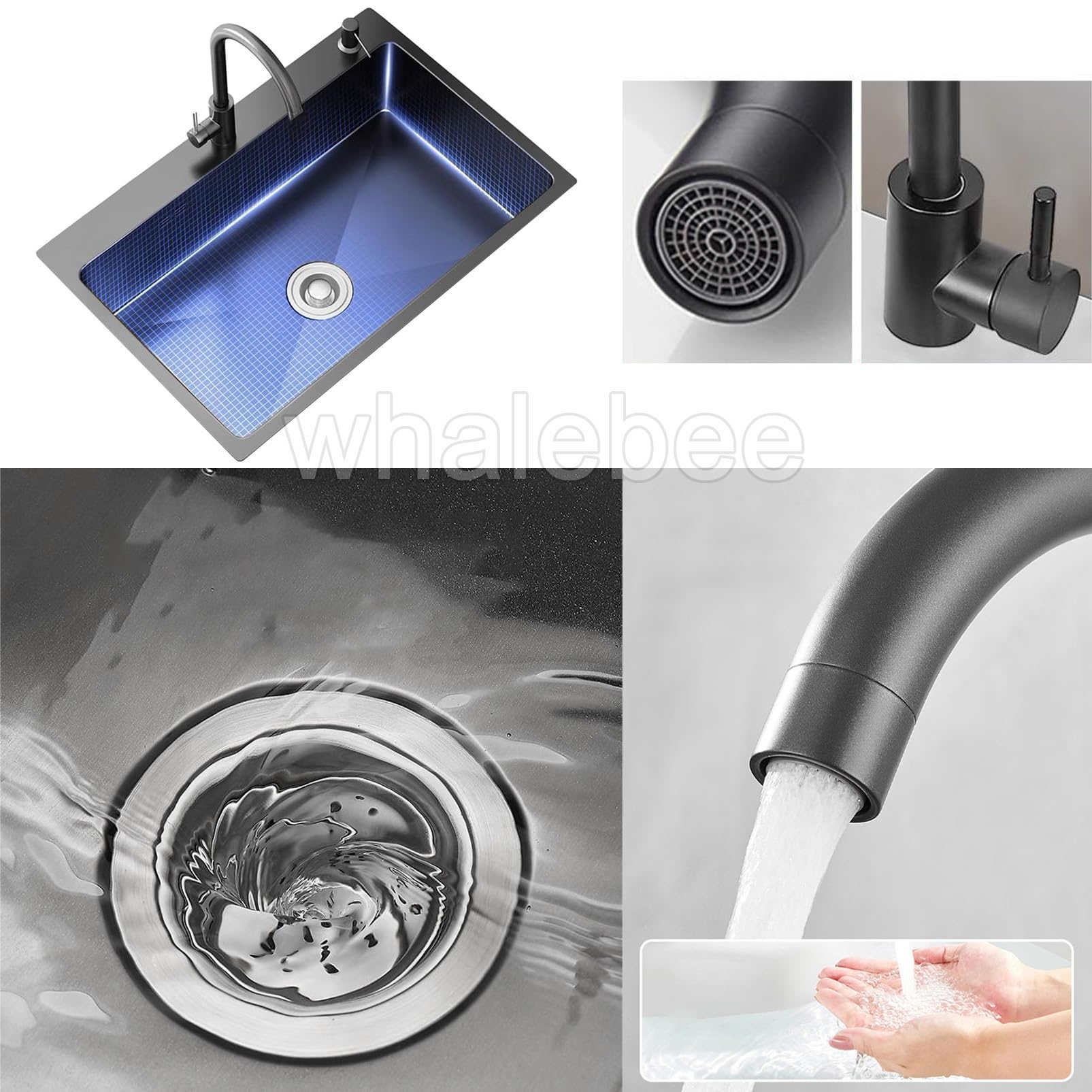 Outdoor Spülbecken Gartenspüle, Großes Edelstahlspülbecken Freistehendes Mit Lagerregal, Spülbecken Set Mit Wasserhahn Und Ablaufkorb Leicht Zu Reinigen Kitchen Sink Schwarz