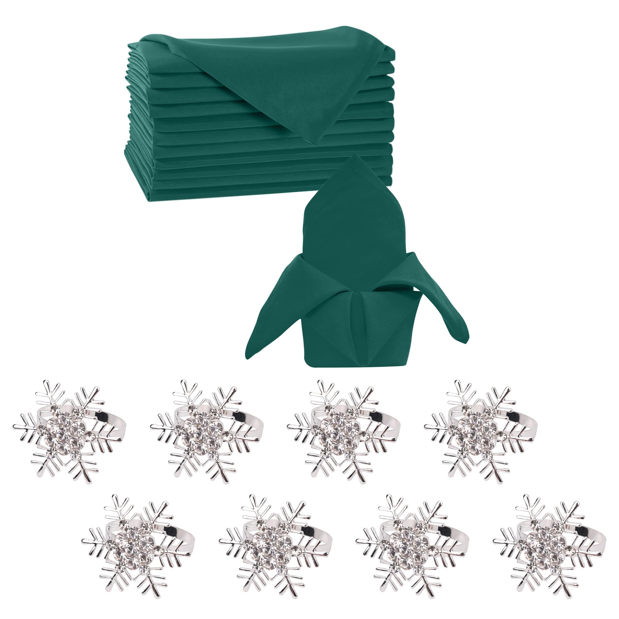 WedDecor 16 PCS Christmas Napkins and Rings Set | 8 PCS Green Polyester Christmas Napkins Cloth & 8 PCS Silver Diamante Napkin Rings for Christmas Holiday Dinner Party Table Decoration