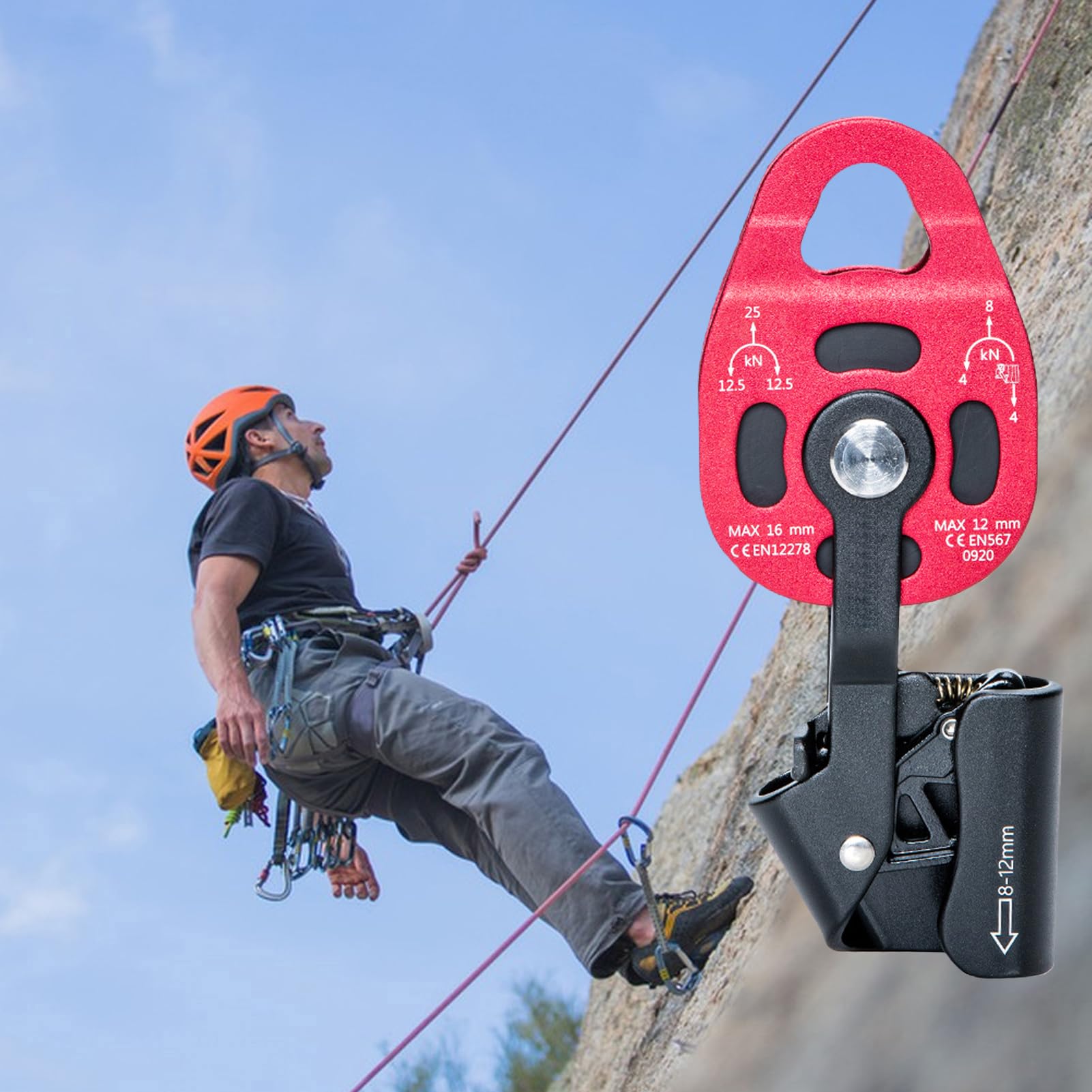 Polea Elevadora Pesada para Rescate de Elevación de Escalada-Rueda Giratoria única 4KN para Montañismo-Adecuada Cuerda 8-12mm (Oro)