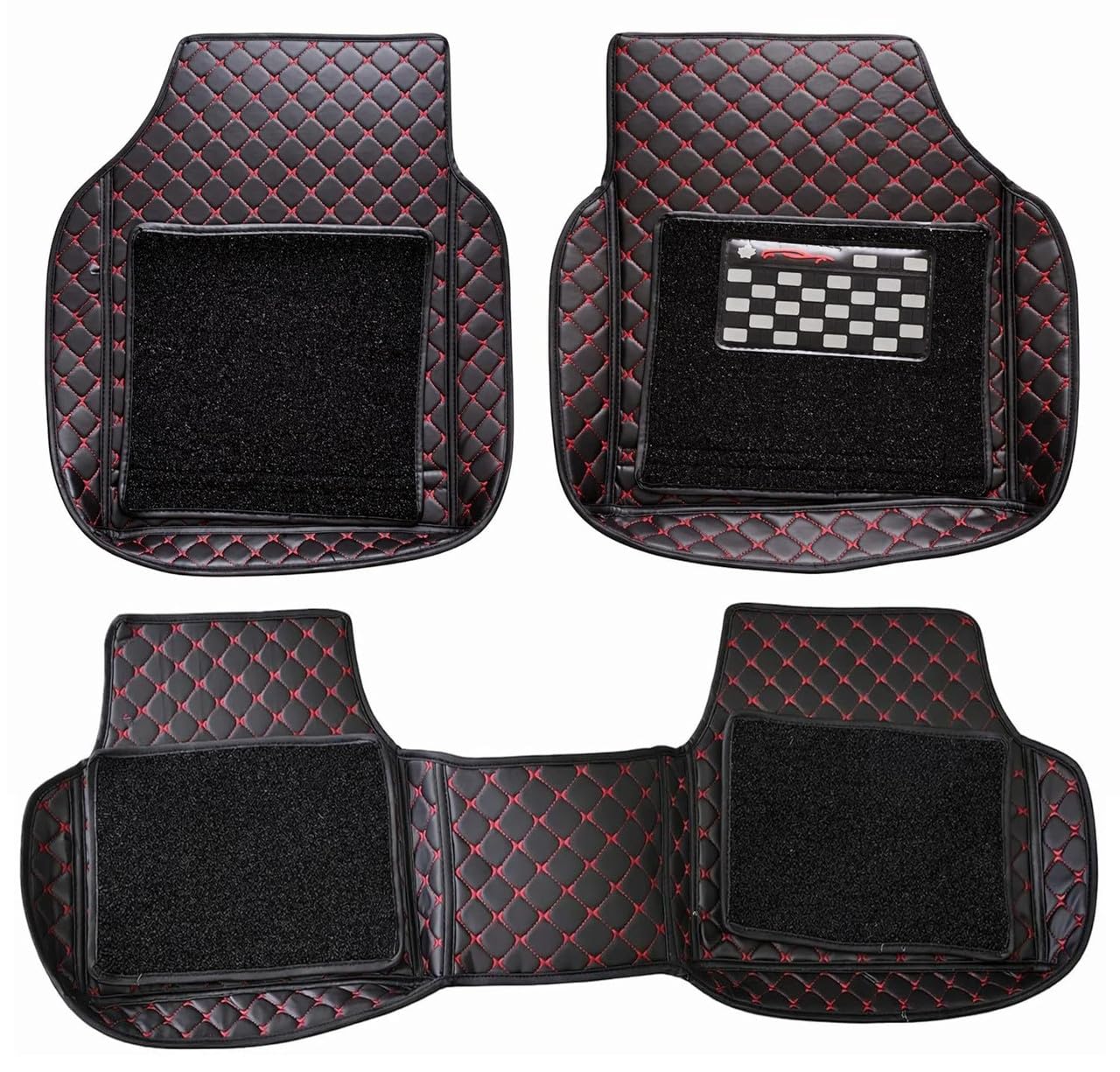 Universal Car 7D Floor Mats for 5-Seater Cars | Premium PU Leatherette Car Foot Mats | Anti-Skid, Waterproof, Easy to Clean | Red Black | Set of 3