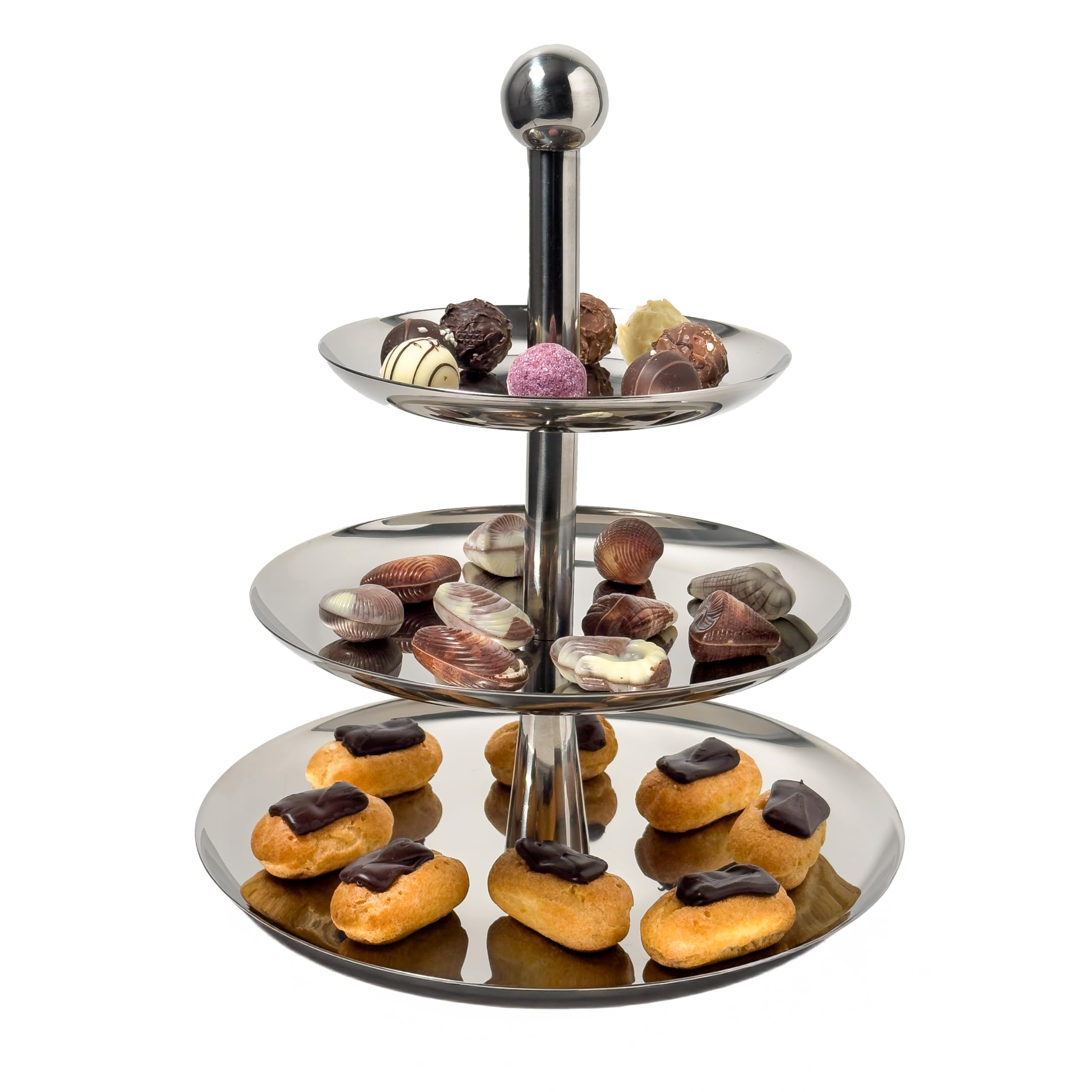 Alzata a 3 ripiani in acciaio inox – Torre di servizio robusta per cucina e buffet – Design elegante per torte, dessert, cioccolatini, sushi, gastronomia, decorazioni e molto altro ancora