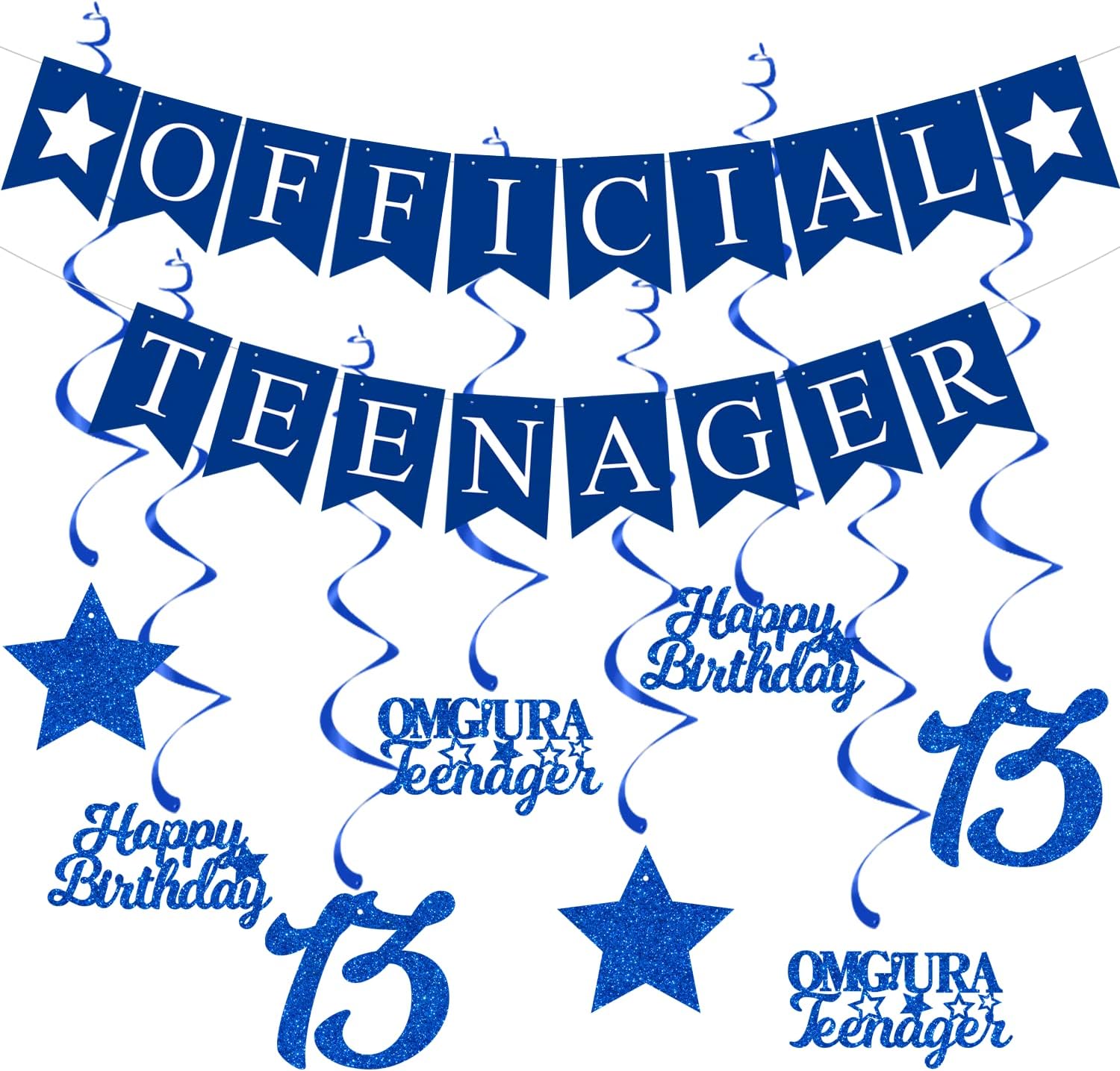 13th Birthday Decorations Official Teenager Banner Bunting with 8PCS Blue Hanging Swirls Streamers Happy 13th Birthday for Boys Party Decorations