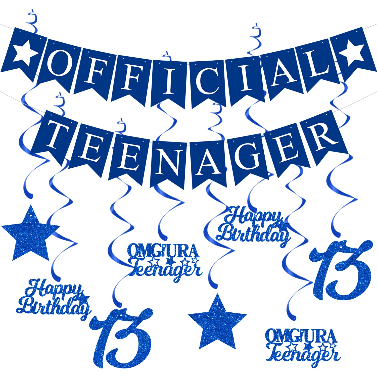 Elicola 13th Birthday Decorations Official Teenager Banner Bunting with 8PCS Blue Hanging Swirls Streamers Happy 13th Birthday for Boys Party Decorations