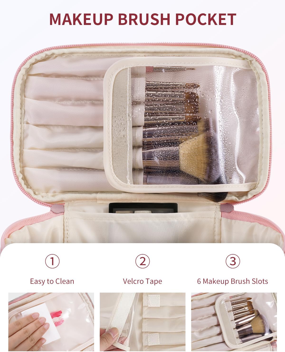 Wandering Nature Puffer Initial Makeup Bag, Personalized Travel Make Up Organizer Cosmetic Bags with Brush Holder and Divider, Gift with Chenille Letter for Moms, Wives, Girlfriend, Besties (C, Pink) image 3