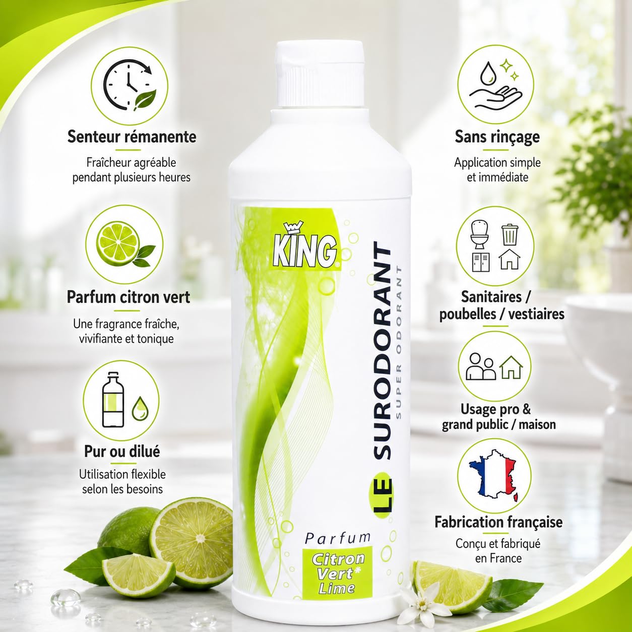 Surodorant Citron Vert 500 ML | Concentré – pur ou dilué – sans rinçage – odeur rémanente plusieurs heures – WC sanitaires poubelles espaces collectifs