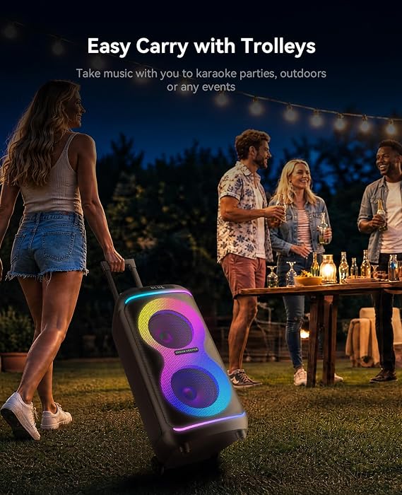 GKDT81 Karaoke Machine with 2 Microphones for Adults, 80W Rated Power, Dual 8 Woofers, Portable Bluetooth Party Speaker with Wheels & Pull Handle, Deep Bass, LED Lights, PA System for Outdoor Parties