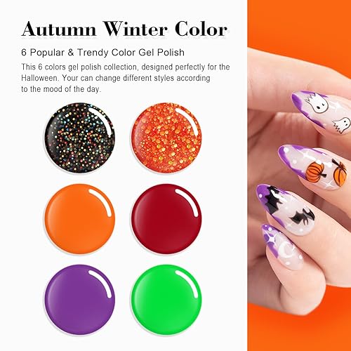 Miniatura 2 de RARJSM Juego de esmaltes de uñas de gel, 6 colores, negro, iridiscente, purpurina, calabaza, naranja, rojo, morado, verde neón, otoño, invierno,