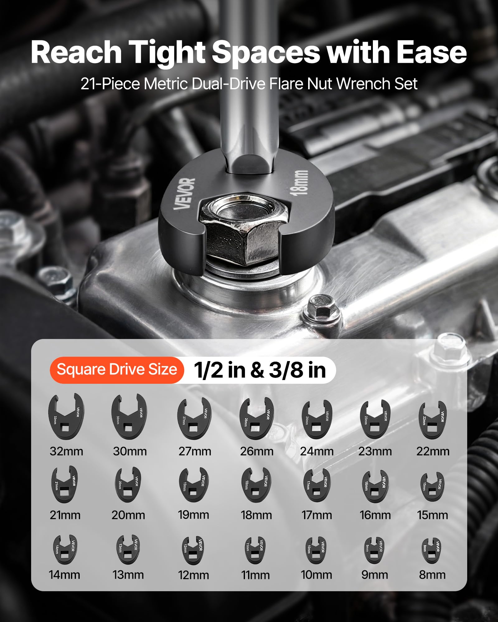VEVOR Set Chiavi a Zampa per Auto, Chiavi A Goccia 21 Pezzi Attacco 1/2" e 3/8", Metriche a Doppio Azionamento per Dadi a Flangia, Acciaio Lega 40Cr, Marcature a Doppia Misura e Custodia, per Veicoli