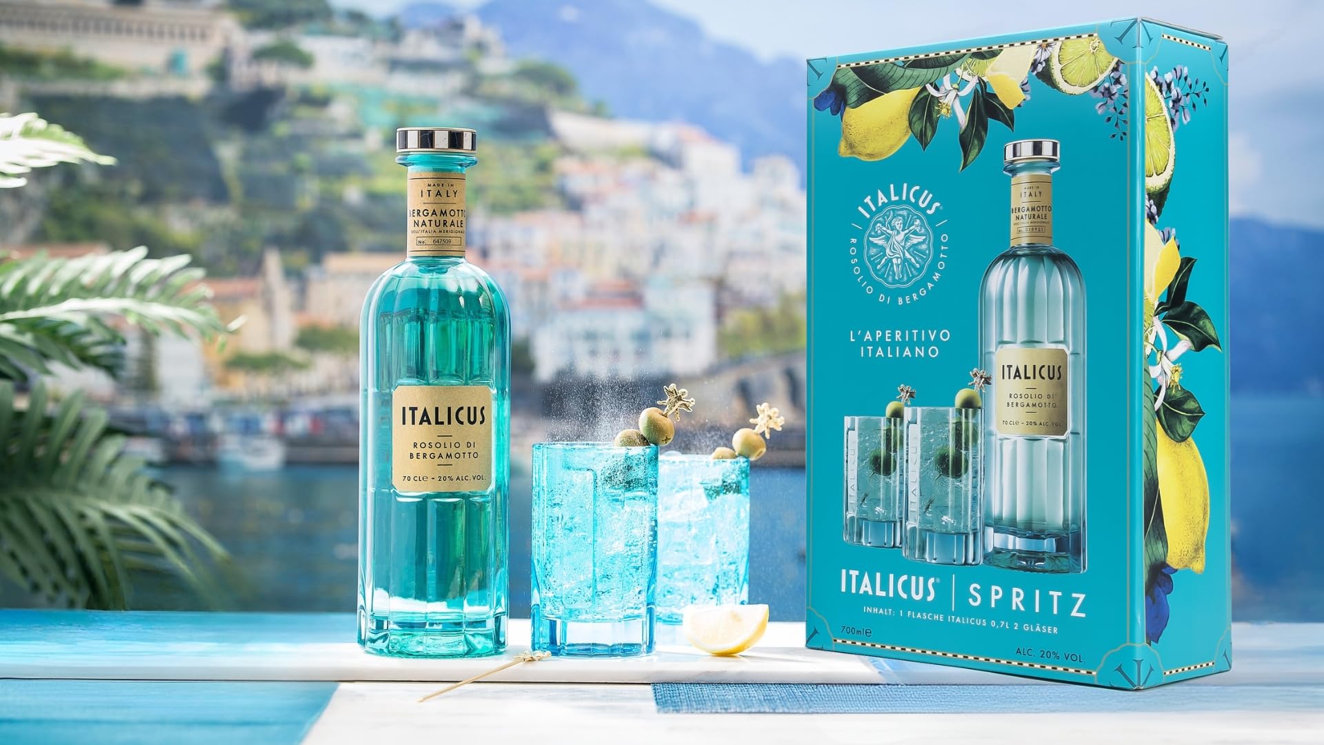 ITALICUS Rosolio di Bergamotto Likör, Geschenk-Set mit 2 Gläsern, Aperitif aus Bergamotte für Cocktails & Spritz, Premium Likör aus Italien, 1 x 0,7 L