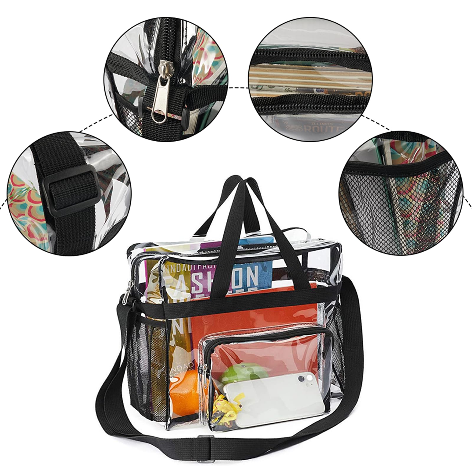 Bolso Transparente Mujer, PVC Bolso Bolsa Viaje Accesorios | Impermeable Bolsas Transparentes para Estadios con Bolsillos para El Trabajo, Juegos Deportivos y Conciertos