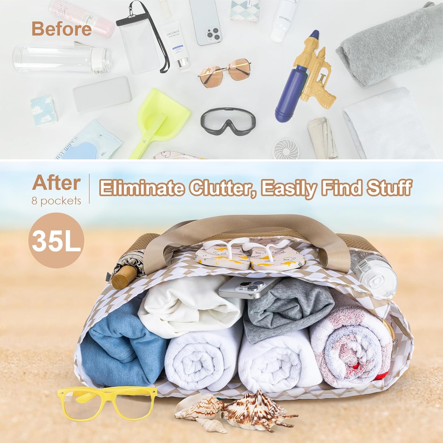 KABAQOO Large Beach Bag Waterproof Sandproof Tote Bag for Women with Zipper & Mesh Pockets for Pool Swim Travel Everyday - Image 6