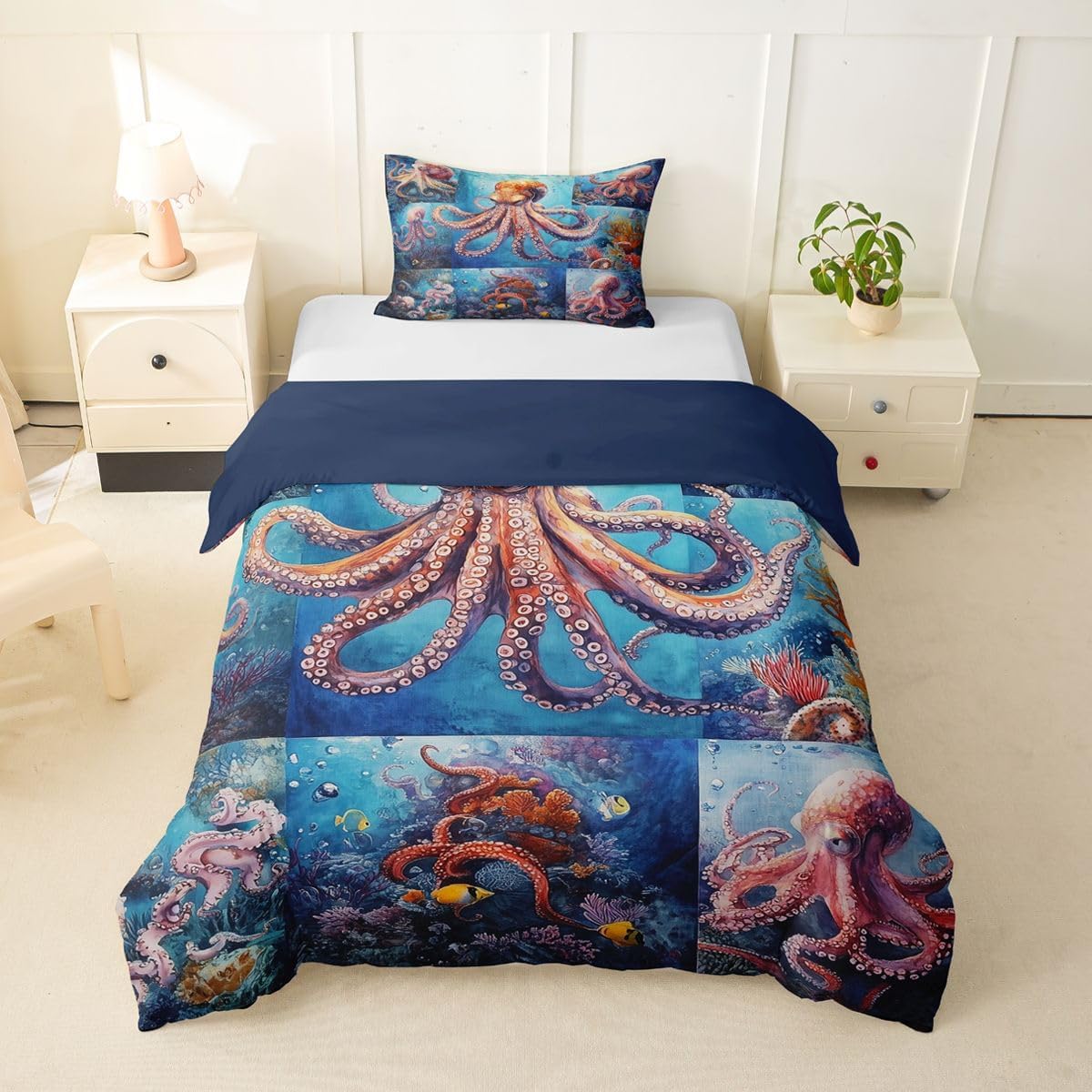 Erosebridal Boys Shark Comforter Cover Queen Size 3D Ocean Shark Duvet Cover,Hunting Sharks Animal Bedding Set Summer Tropical Sea Wildlife Quilt Cover,Hawaiian Sealife Bed Set for Girls