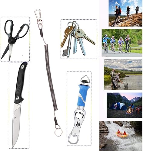 Miniatura 4 de Cordón de pesca (7 piezas) de seguridad retráctil en espiral con mosquetón y anillo dividido para alicates, navegación, herramientas (negro)