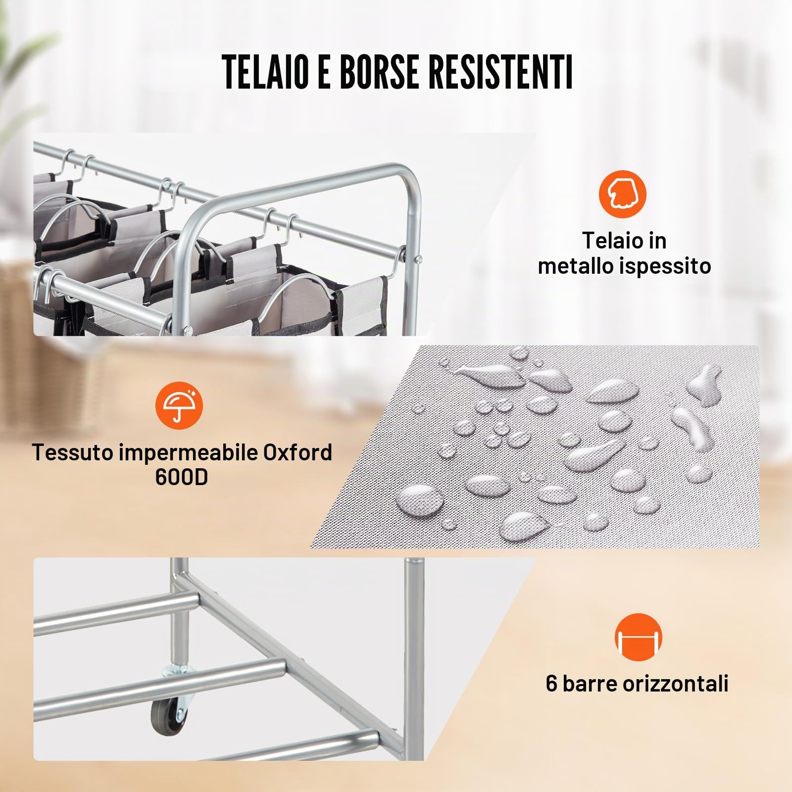 VEVOR Carrello Portabiancheria a 4 Sezioni, 765x406x865 mm Cesta Porta Biancheria con 4 Sacchi Rimovibili Tessuto Oxford, Portabiancheria Mobile in Ferro con Ruote in Gomma Carico 20KG per Lavanderia