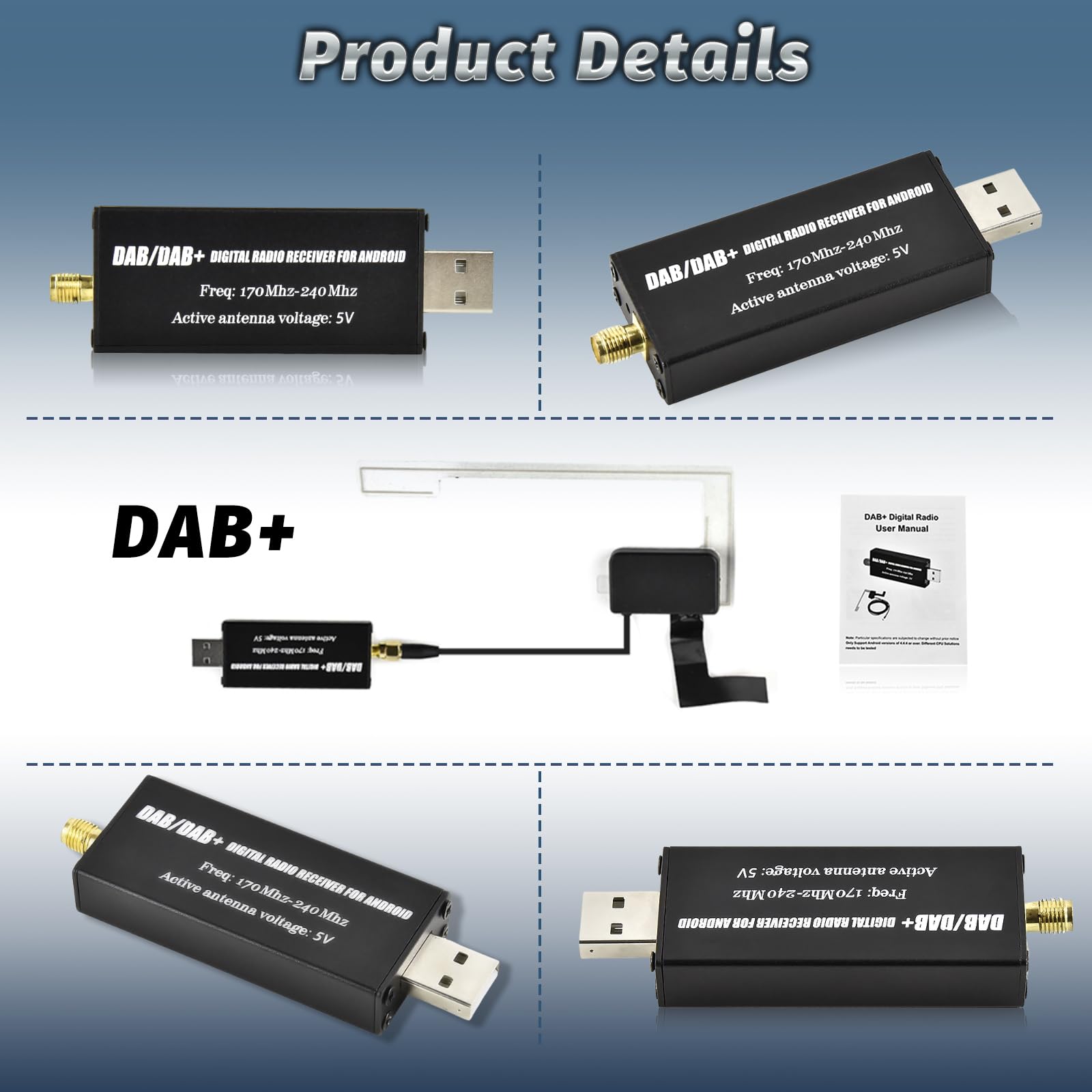 DAB Adattatore per Autoradio Android, Ricevitore Digitale DAB+ USB con Antenna Universale, Tuner Box con App, Facile Installazione Plug and Play