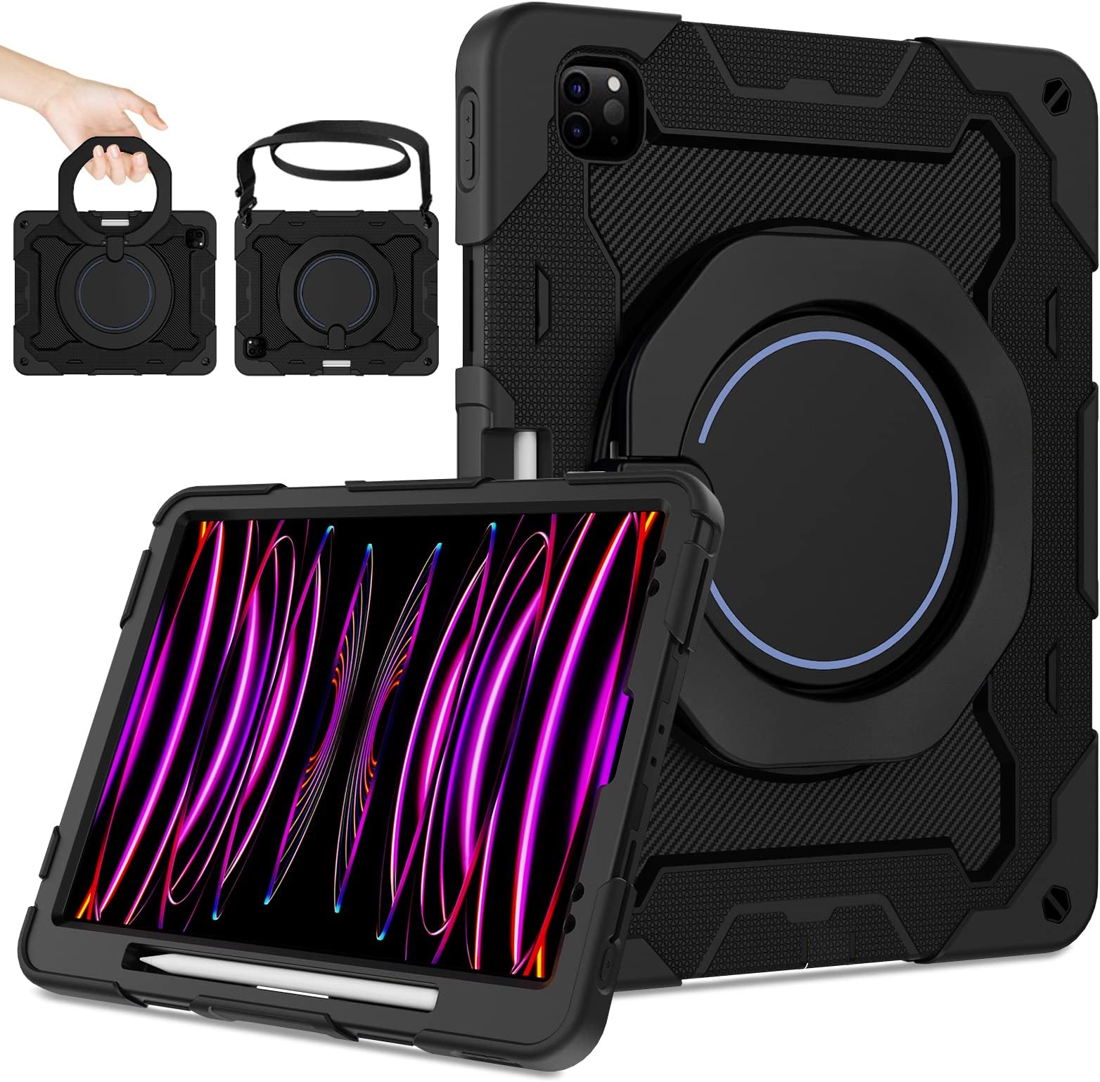 ROISKIN for iPad 12.9 Pro Case 6th/5th/4th/3rd Generation (2022/2021/2020/2018),Military Protective Cover for 12.9 inch iPad with Screen Protector & Pencil Holder & Rotating Stand & Shoulder Strap