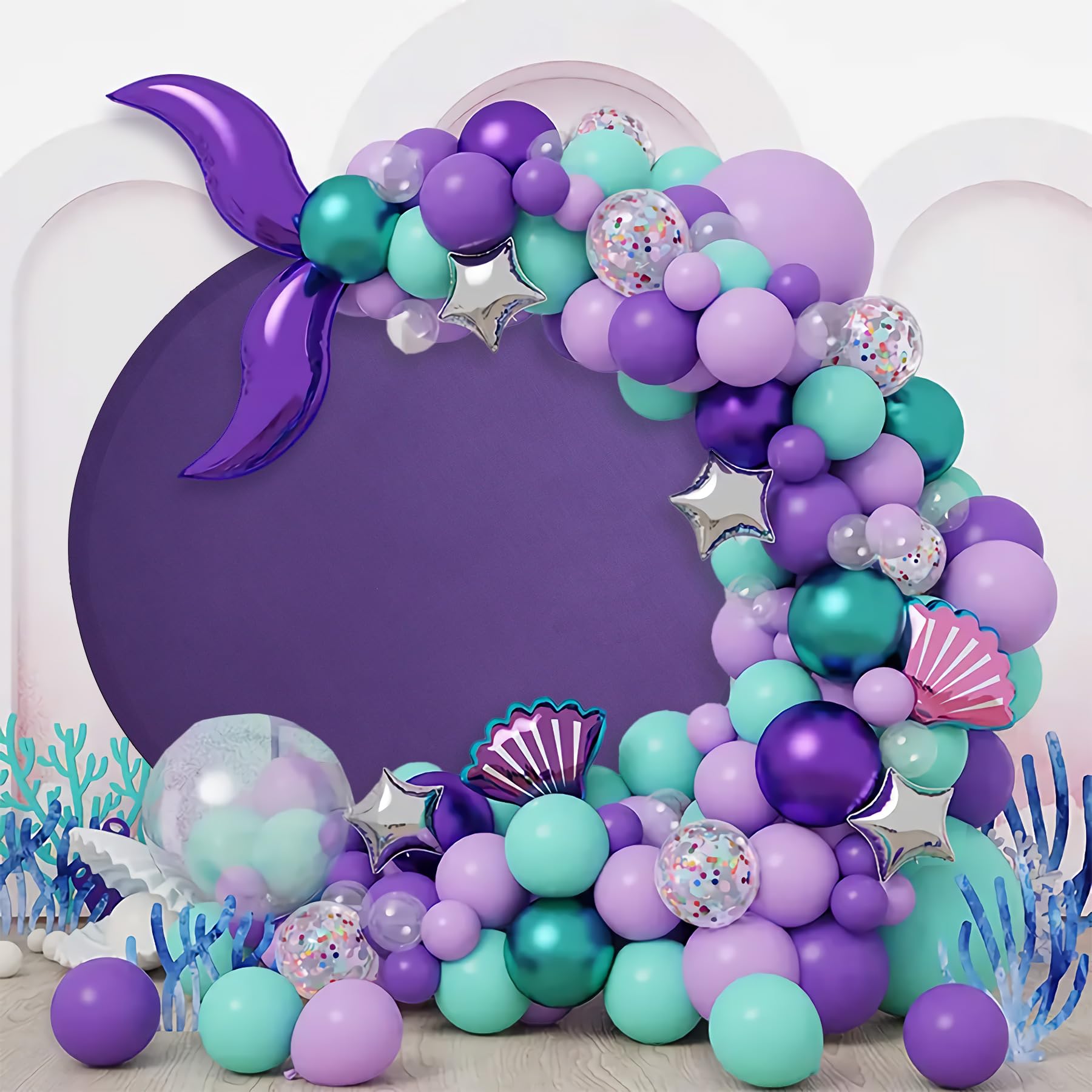 7.5FT Purple Round Backdrop Cover Wrinkle Resistant Circle Background Round Photography Backdrop for Weddings Mermaid Birthday Baby Shower Decorations