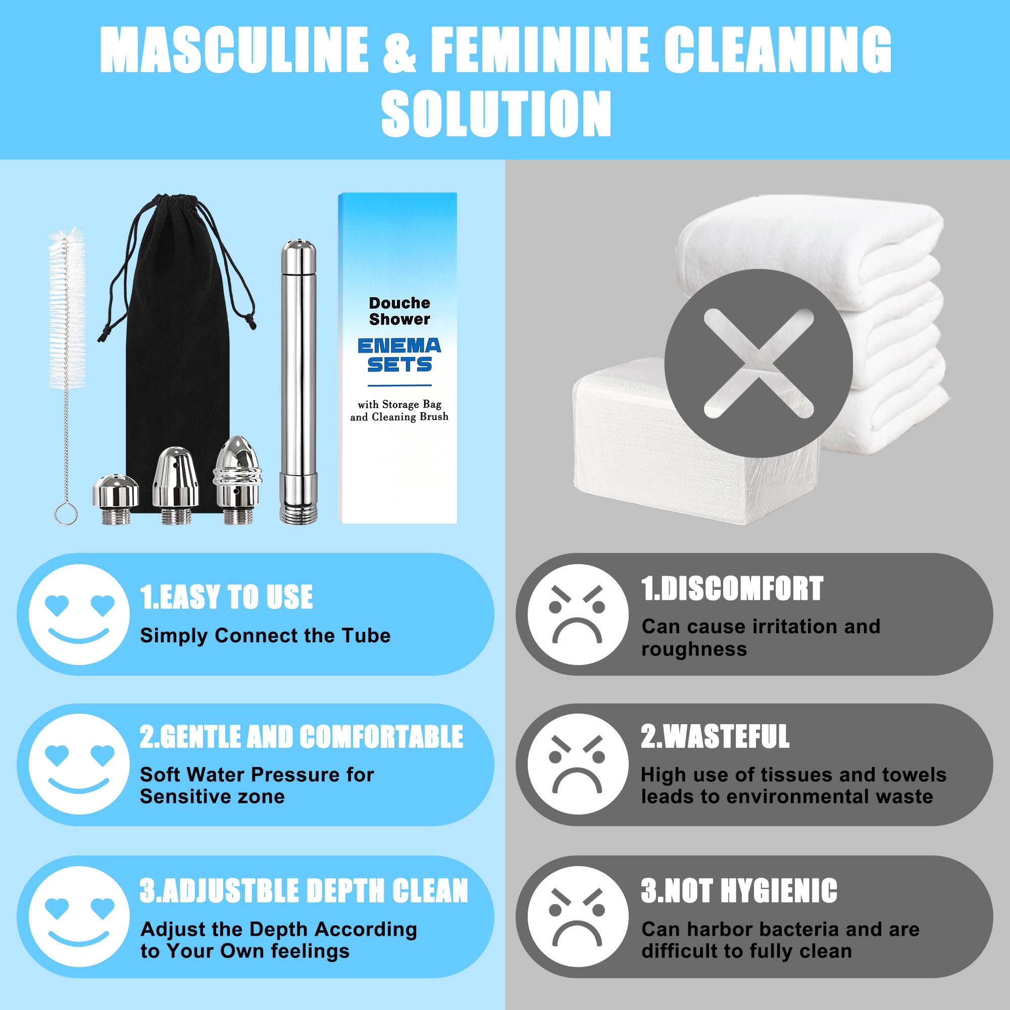 Shower Cleaner Enema Douche System, Handheld Anal Douche Attachments Kits, Rinse Vaginal with 4 Aluminum Shower Heads, Douche for Men Women with Velvet Bag + Cleaning Brush - Intimate Cleaner Kit
