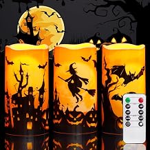 Homemory Halloween Candles, Orange Flameless Candles, Outdoor Waterproof Printed Decals Battery Operated LED Pillar Candles with Remote Timers for Fall Festival Spooky Decor, 3x6, Plastic, Set of 3