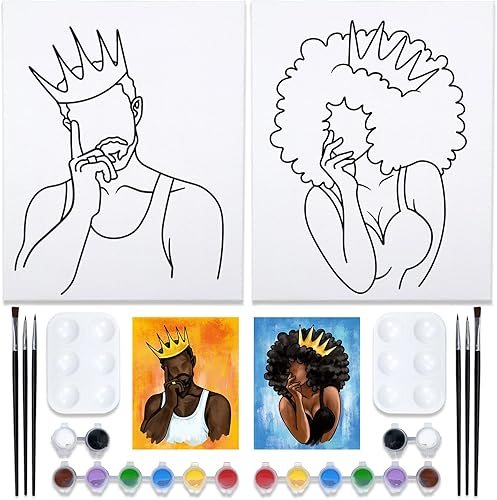 Paquete de 2 lienzos de pintura para parejas, lienzos predibujados para pintar para adultos, suministros de fiesta de pintura y sorbos, Afro King
