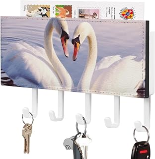 Swan Key & Mail Holder Wall Mount with 5 Hooks | Decorative PU Leather Key Rack, Adhesive Hanger Key Chain Organizer, for Entryway Hallway Mudroom Door Kitchen Office