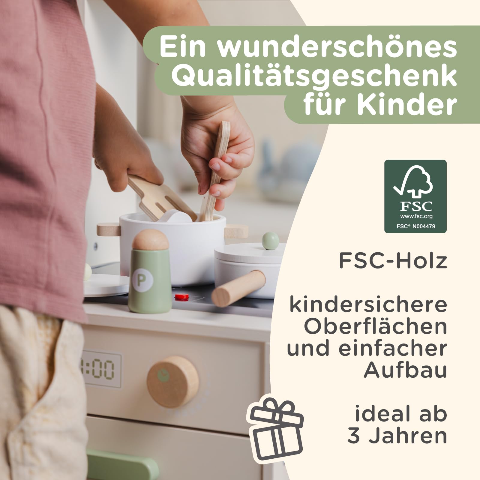 Nene Toys Kinderküche aus Holz – Spielküche mit Licht & Sound, Spüle & Wasserhahn, Mikrowelle & Ofen, Regale, Haken + Zubehör – Montessori Spielzeug ab 3 Jahren – Geschenk für Mädchen & Jungen