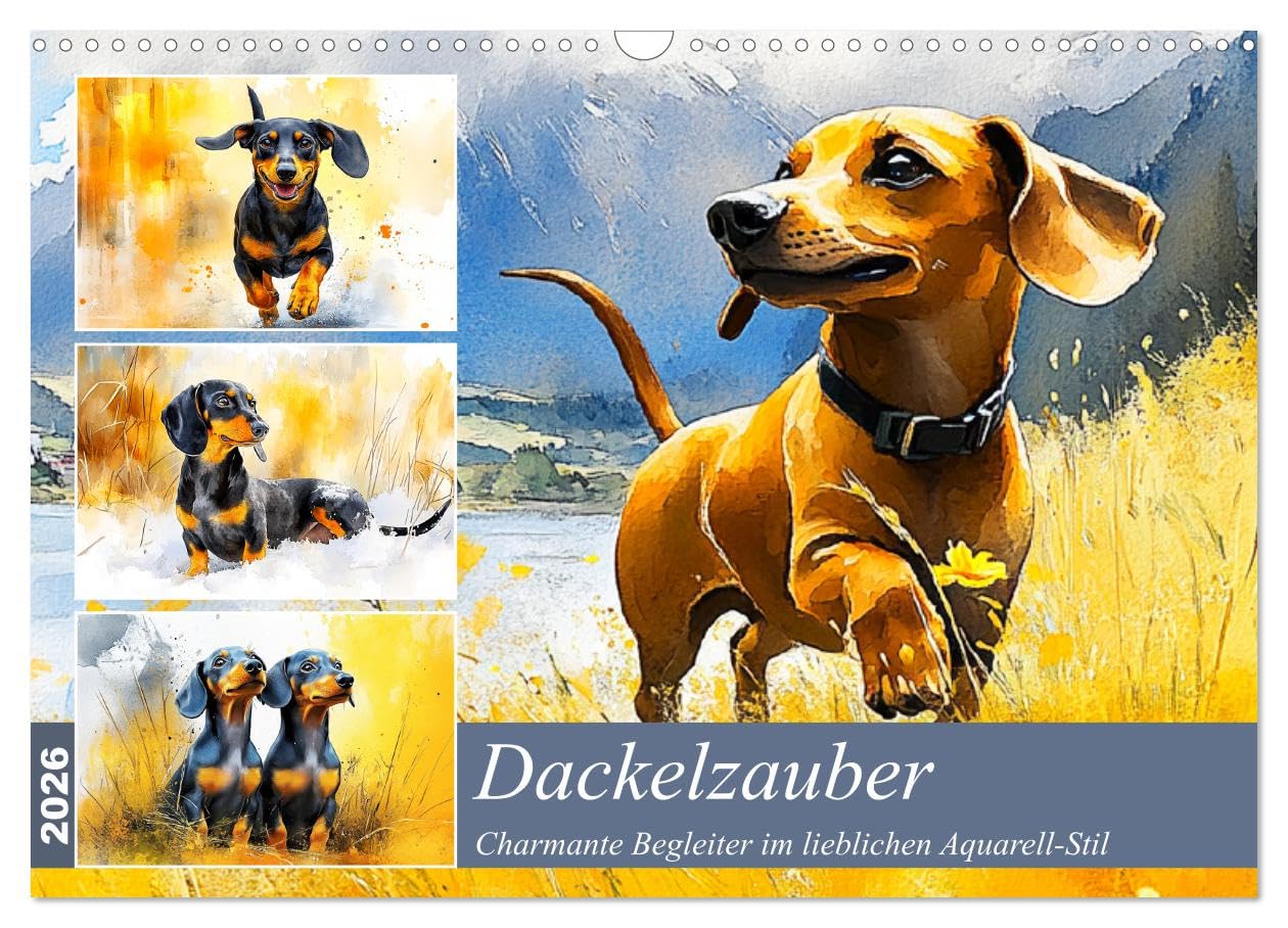 Dachshund magic. Charming companions in a lovely watercolor style UK-Version (Wall Calendar 2026 DIN A3 Landscape), CALVENDO 12 Month Wall Calendar — image 1