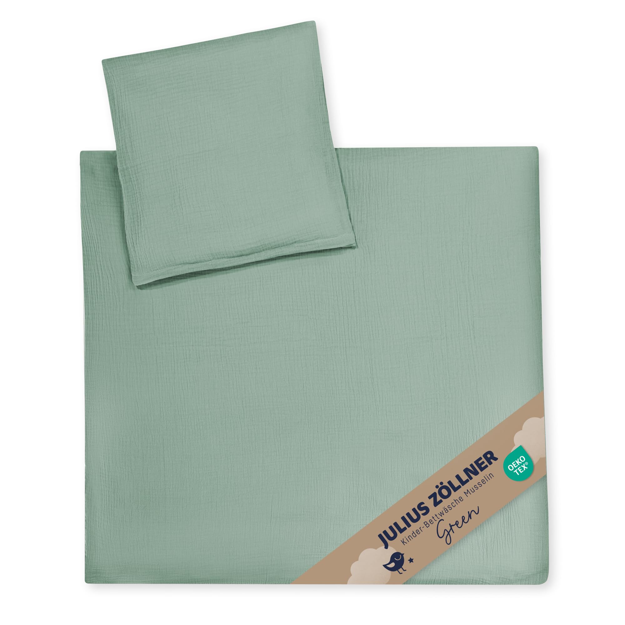 Julius Zöllner Musselin Kinderbettwäsche 80x80 + 35x40 cm | 2-teiliges Set aus Deckenbezug und Kissenbezug aus 100% Baumwollmusselin | Oeko-TEX Standard 100 | grün
