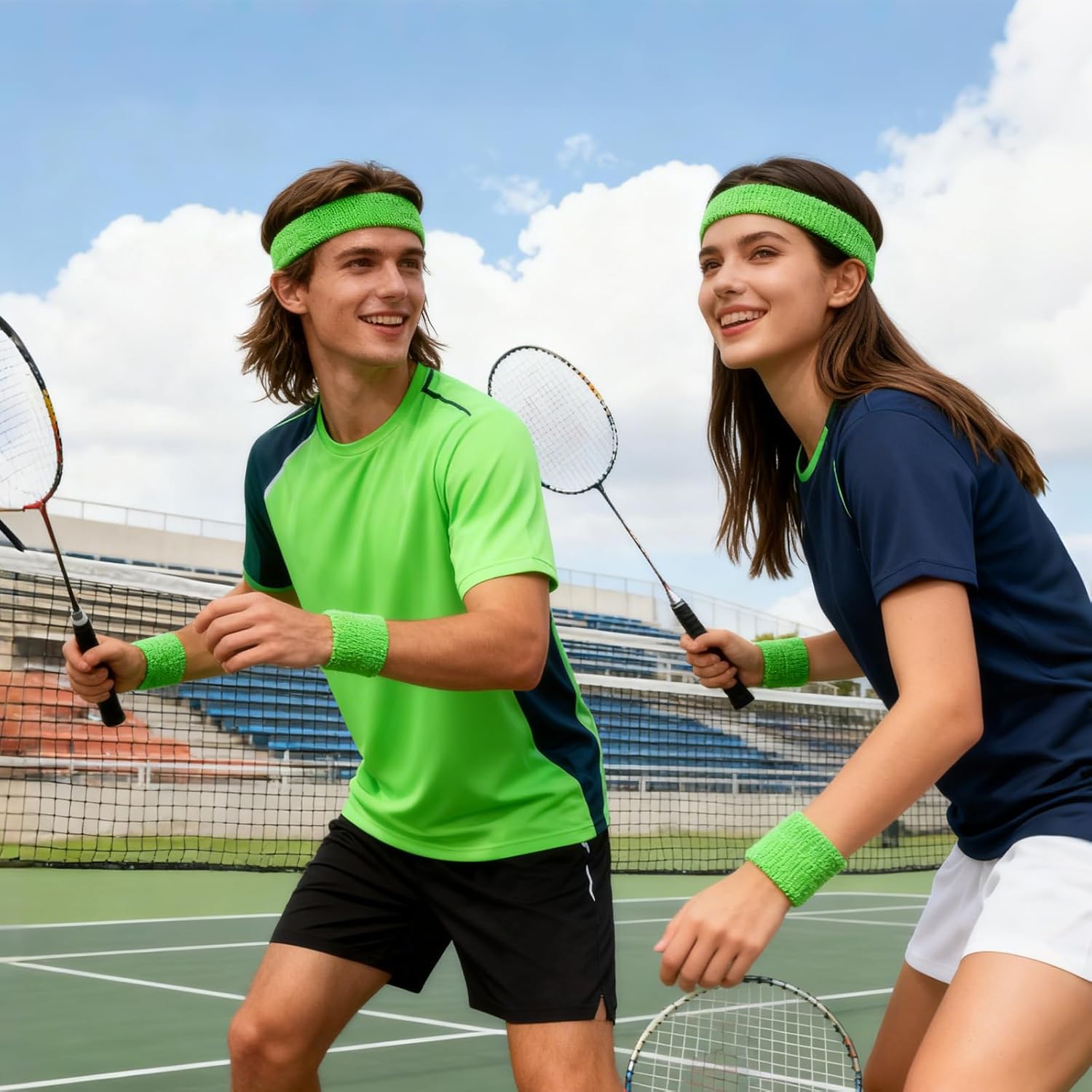 6 Pcs Neon Sports Sweatbands Set - 2 Headband 4 Wristbands, 80s 90s Neon Sport Headband Tennis Striped Sweat Band, Breathable Cloth Athletic Bands for Basketball Tennis Costumes Cosplay - Image 5