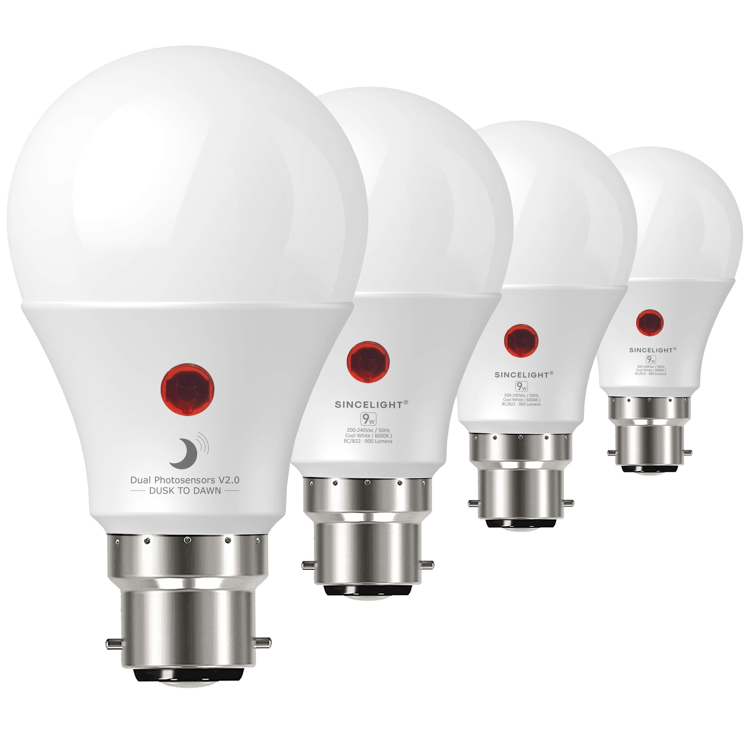 Dusk to Dawn LED Bulb with Dual Daylight Sensors· ON/Off Automatic Depends On Daylight Level · Night Light from Dusk Till Dawn · 9 Watt · 4 Pack