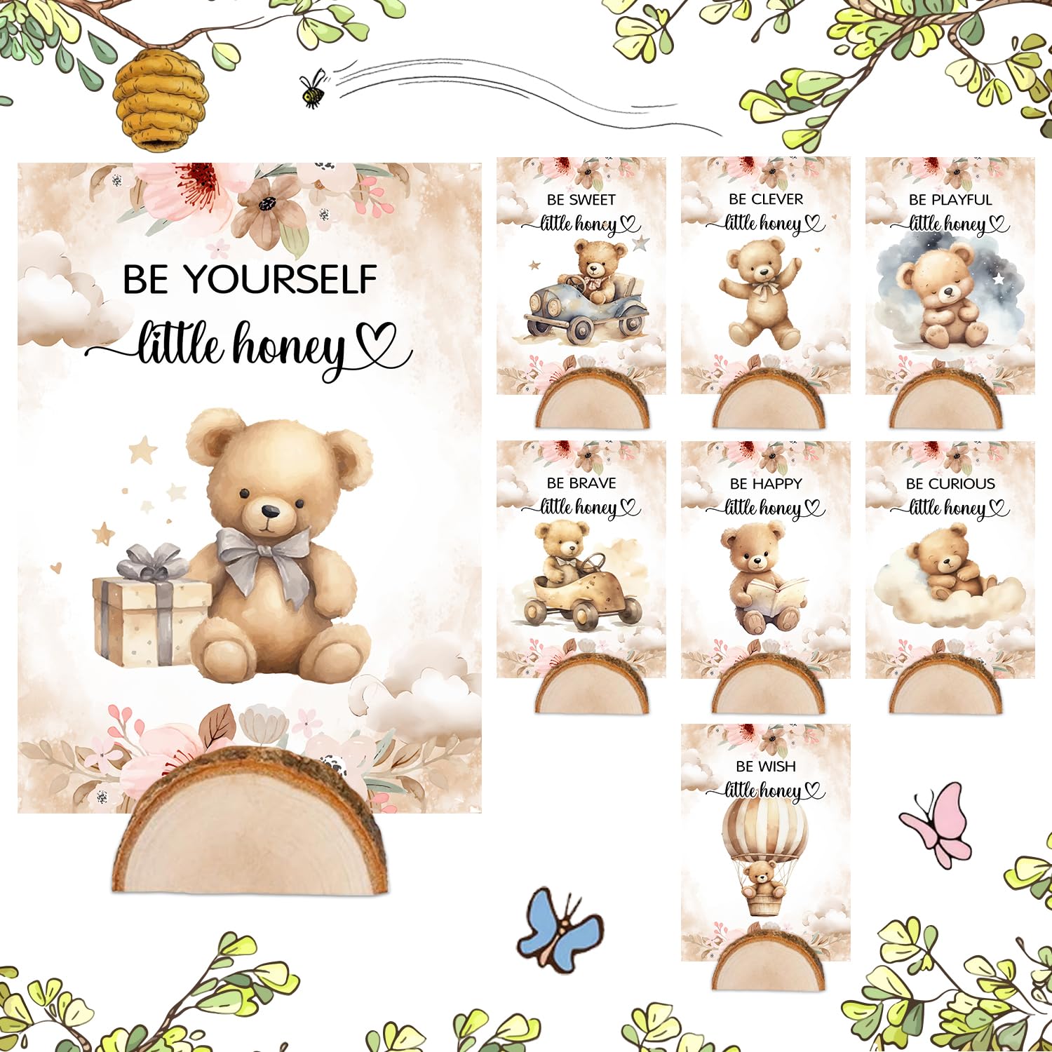 Teddy Bear Baby Shower Centerpieces 8Pcs, Cute Bear Quotes Party Cards with Wooden Stands, Double Side Classic Bear Table Decorations, Bear Themed
