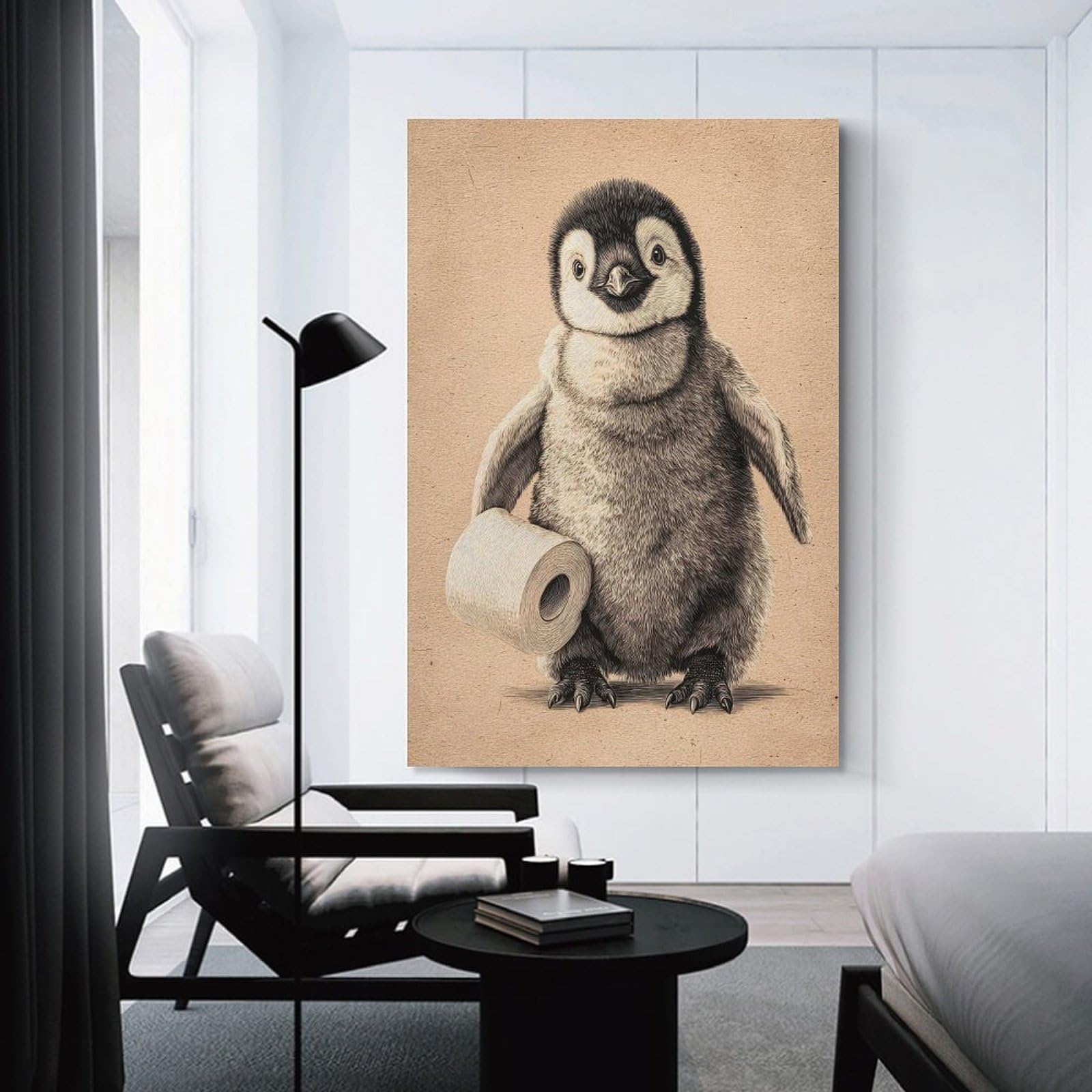 Junmoney Cute Penguin Holding Toilet Paper Home Decor Wall Art, 24x36inch(60x90cm), for New Homes, Bedrooms Or Workspaces, Gift Idea for Housewarming And Birthdays
