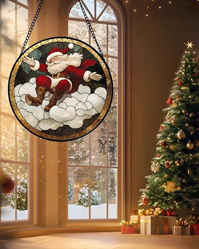 Miniatura 5 de Adorno de Vidrio Teñido para Colgar en Ventana - Nubes de Santa Claus Rojo y Blanco, Atrapasoles para Puertas, Decoración Navideña para el Hogar,