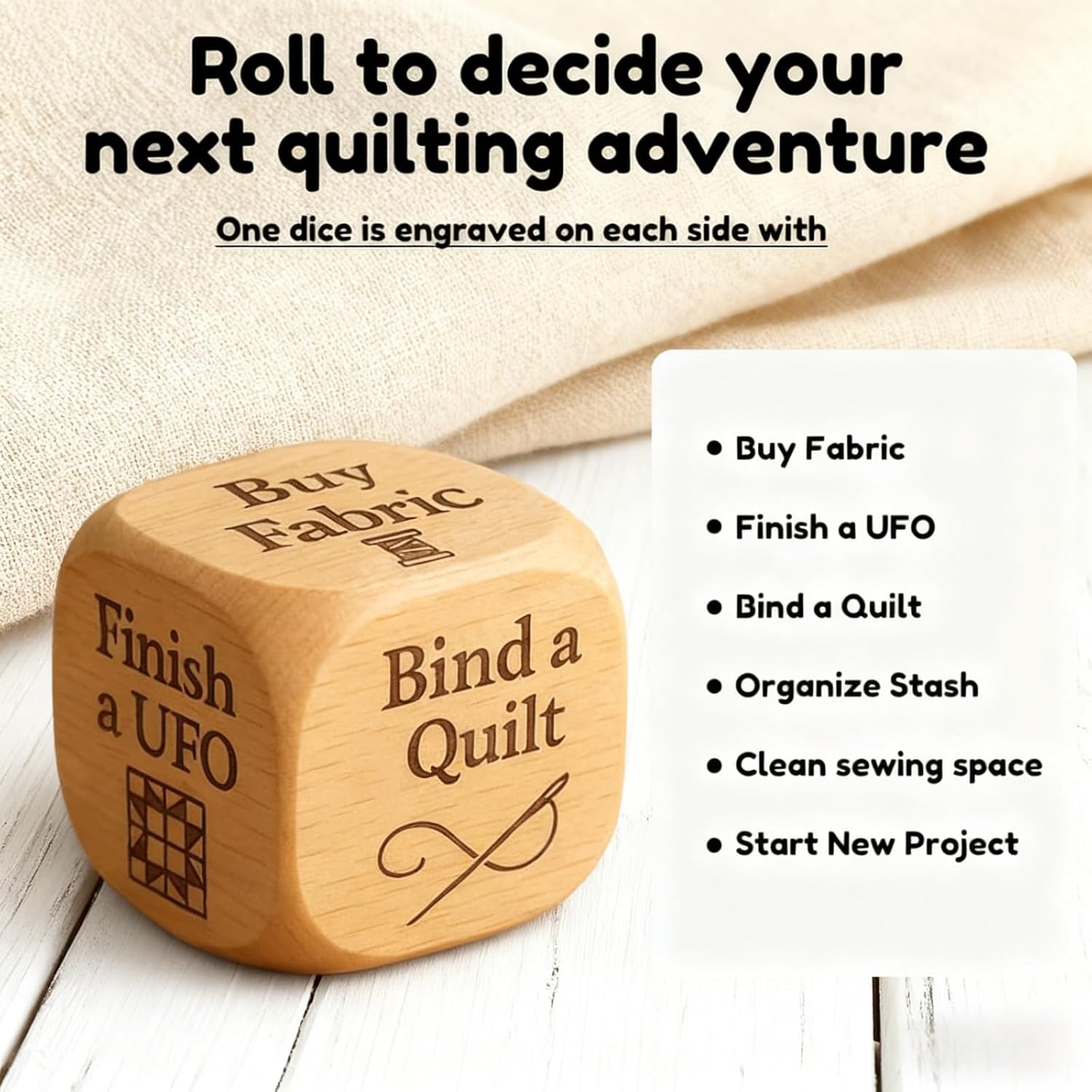 Quilter's Dice, Handmade Wooden Quilting Decision Dice with 6 Engraved Sewing Tasks, Fun Quilting Motivation Tool for Quilters, Sewists & Craft Lovers, Creative Gift for Sewing Enthusiasts (1pcs)