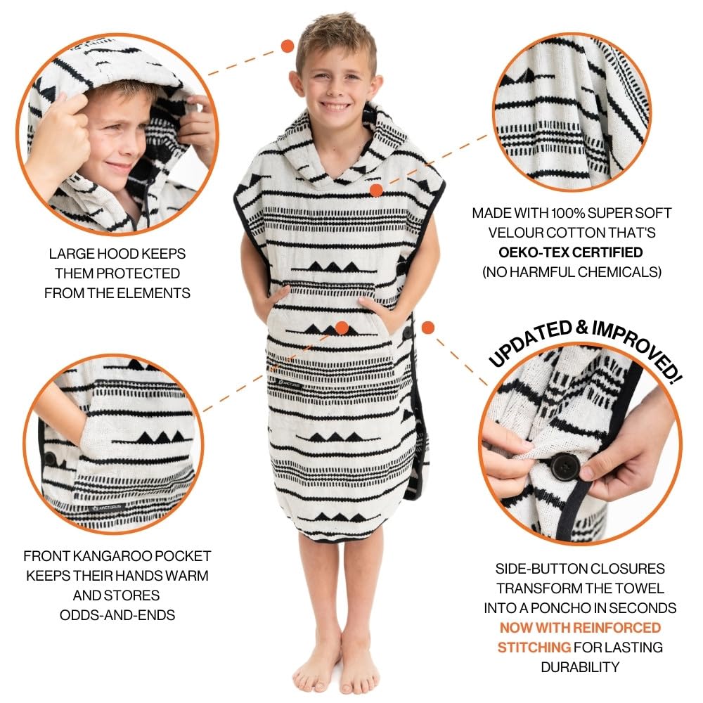 Arcturus Surf Poncho | Kapuzenwickeltuch & Vertuschung | 100% Baumwoll-Velours | 2-in-1-Design verwandelt Ihren Poncho in ein Strandtuch (Blackies, Kinder)