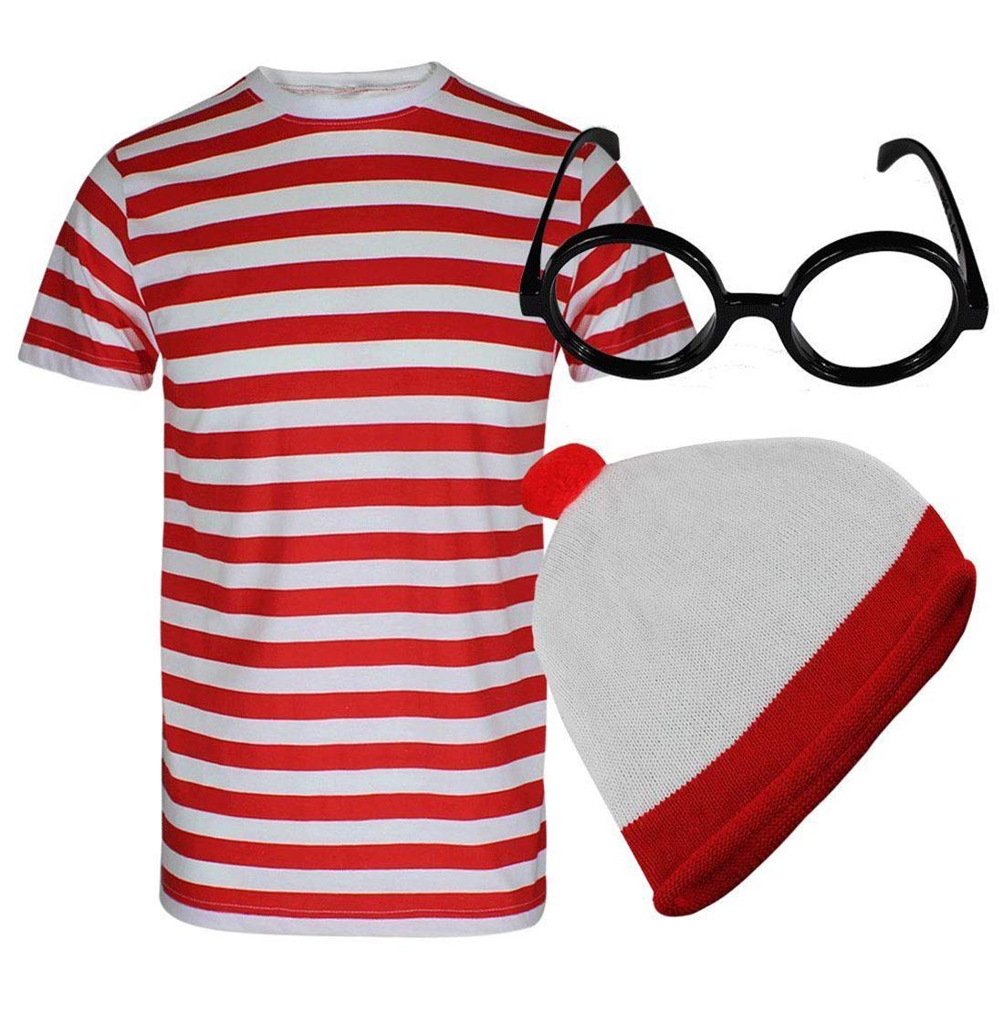 RIDDLED WITH STYLEUnisex Red/White Bobble Hat & Glasses T-Shirt Socks Set Theme Party Wear No Lens Glasses Book Day Book Week Red White Costume Complete Outfit