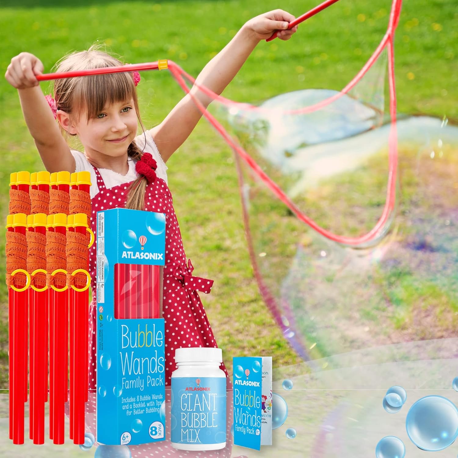 Giant Bubble Wand - Bubble Wands, Bubbles for Kids, Big Bubble Wand Huge Rope, 8 Pack Giant Bubble Wands + Bubble Solution Powder – Makes 3 Gallons, Outdoor Summer Fun