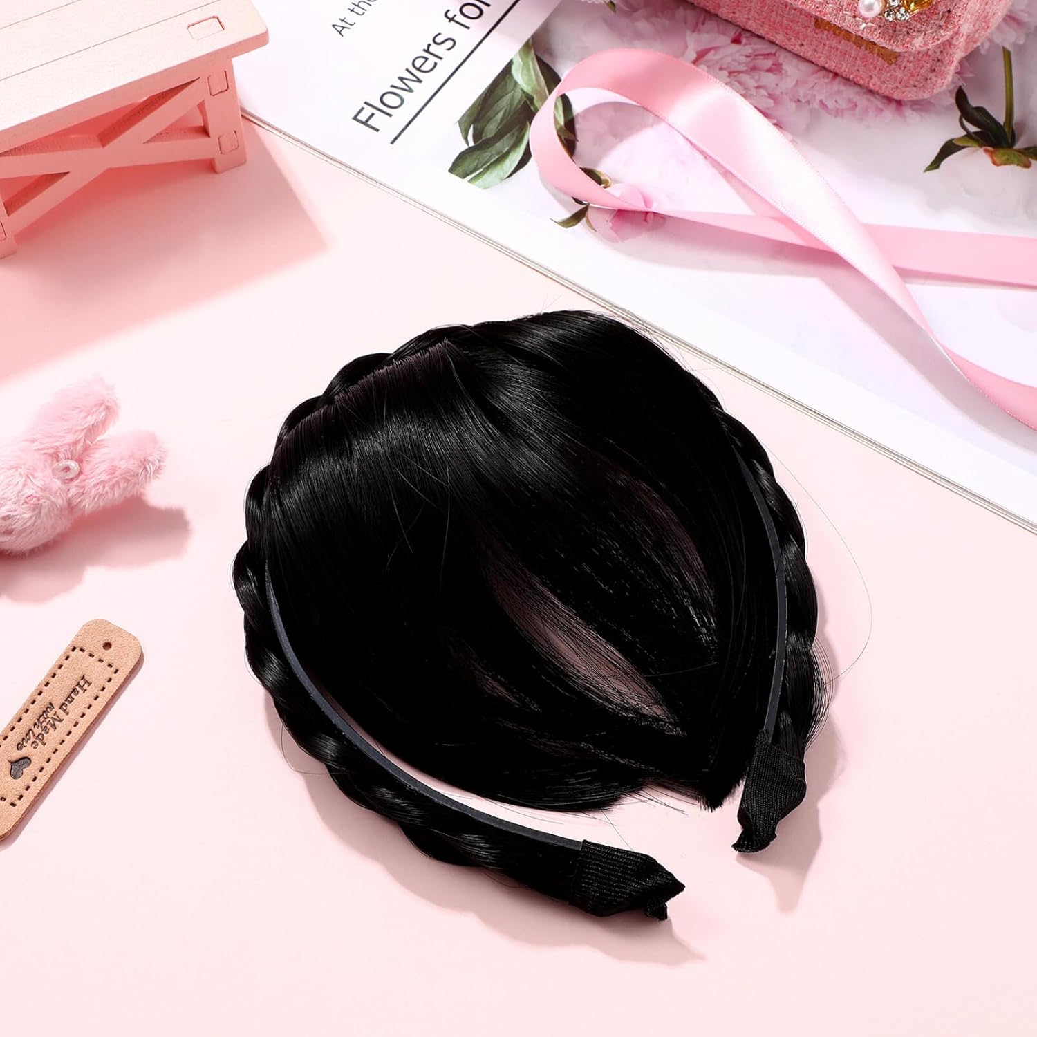Uonlytech Hairband, Fake Bangs Braid Headband with Front Hair Bangs Wigs Headband, Adjustable Women Girls Headbands, Black (1 Count Pack of 1)