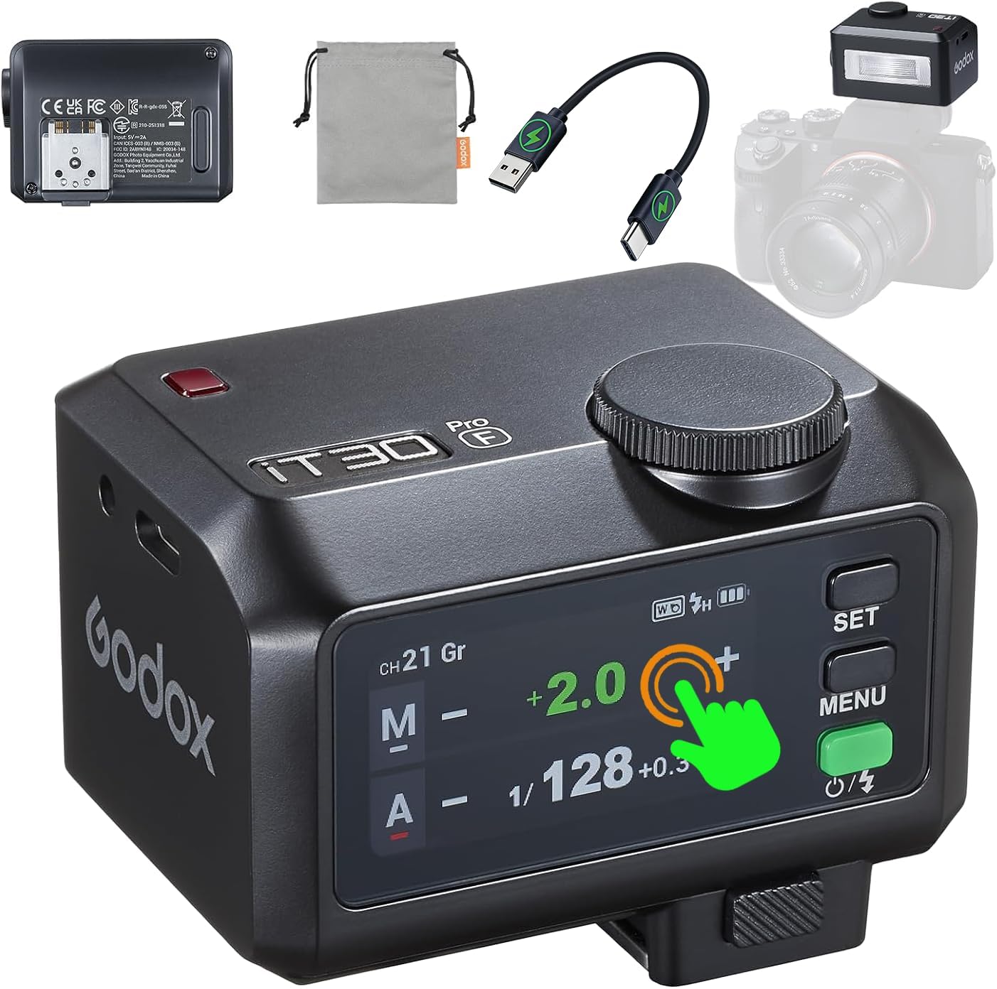 Godox iT30 Pro F Mini Flash for Fujifilm Camera, TTL Auto-Exposure, 2.4G Wireless X System, HSS 1/8000s, 2.8" Full-Color Touchscreen, Built-in Diffuser, Lithium Battery with Wireless Flash Trigger