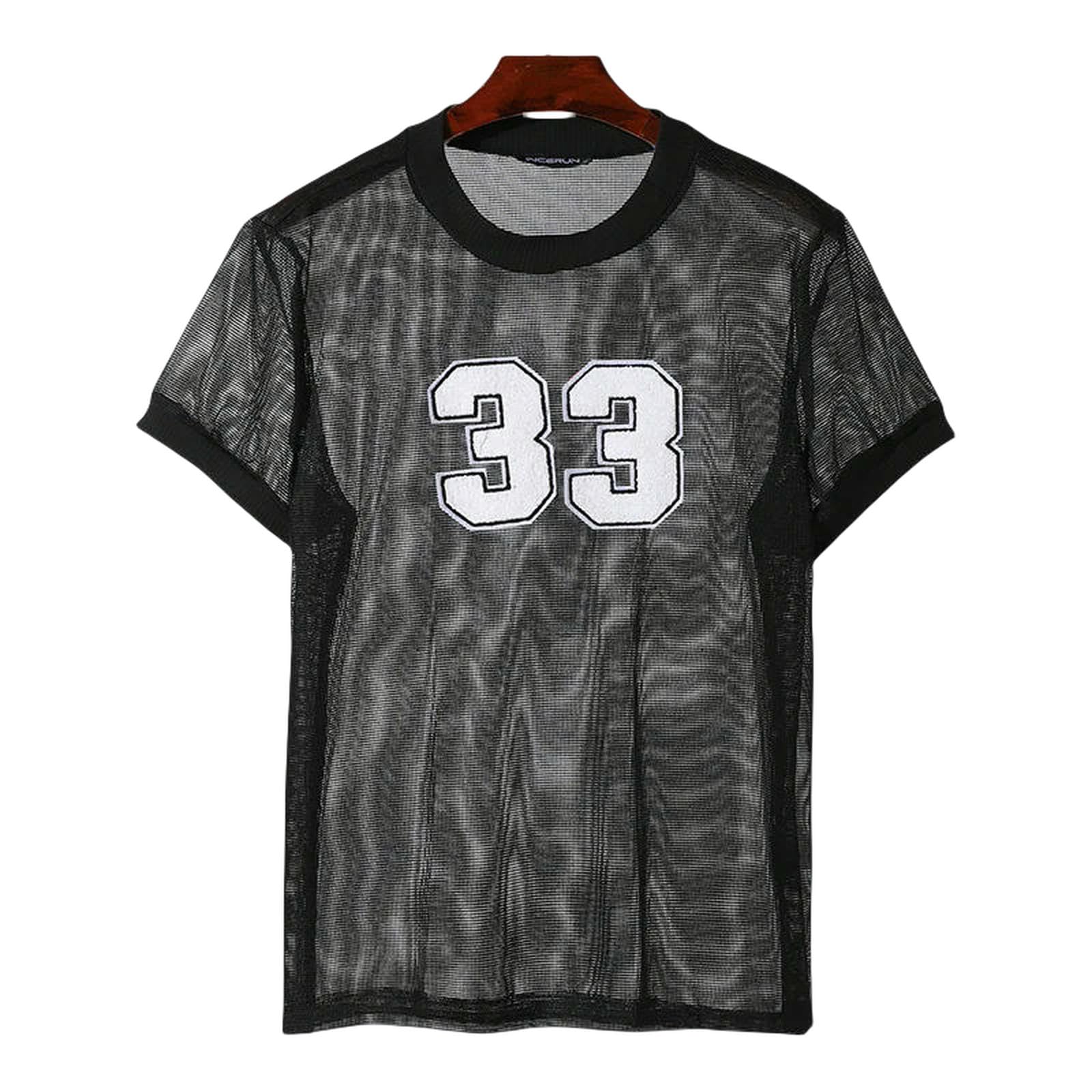 Maglietta Uomo American Style Fashion Men Mesh Fabric Thirt Digit Stampato personalità Casual-Nero-XXXL