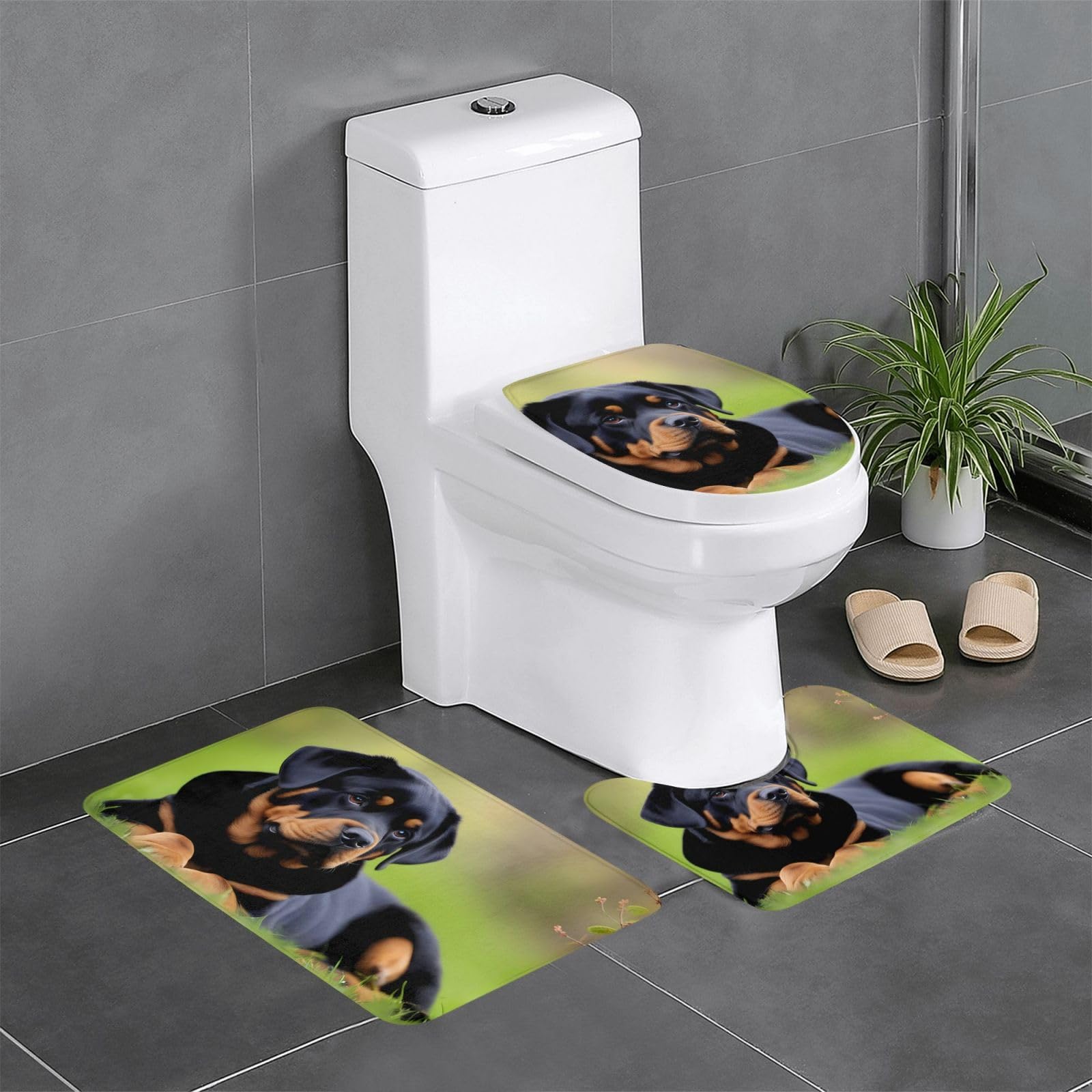 Tapis de toilette antidérapant Rottweiler ensemble 3 pièces absorbant et sécurisé