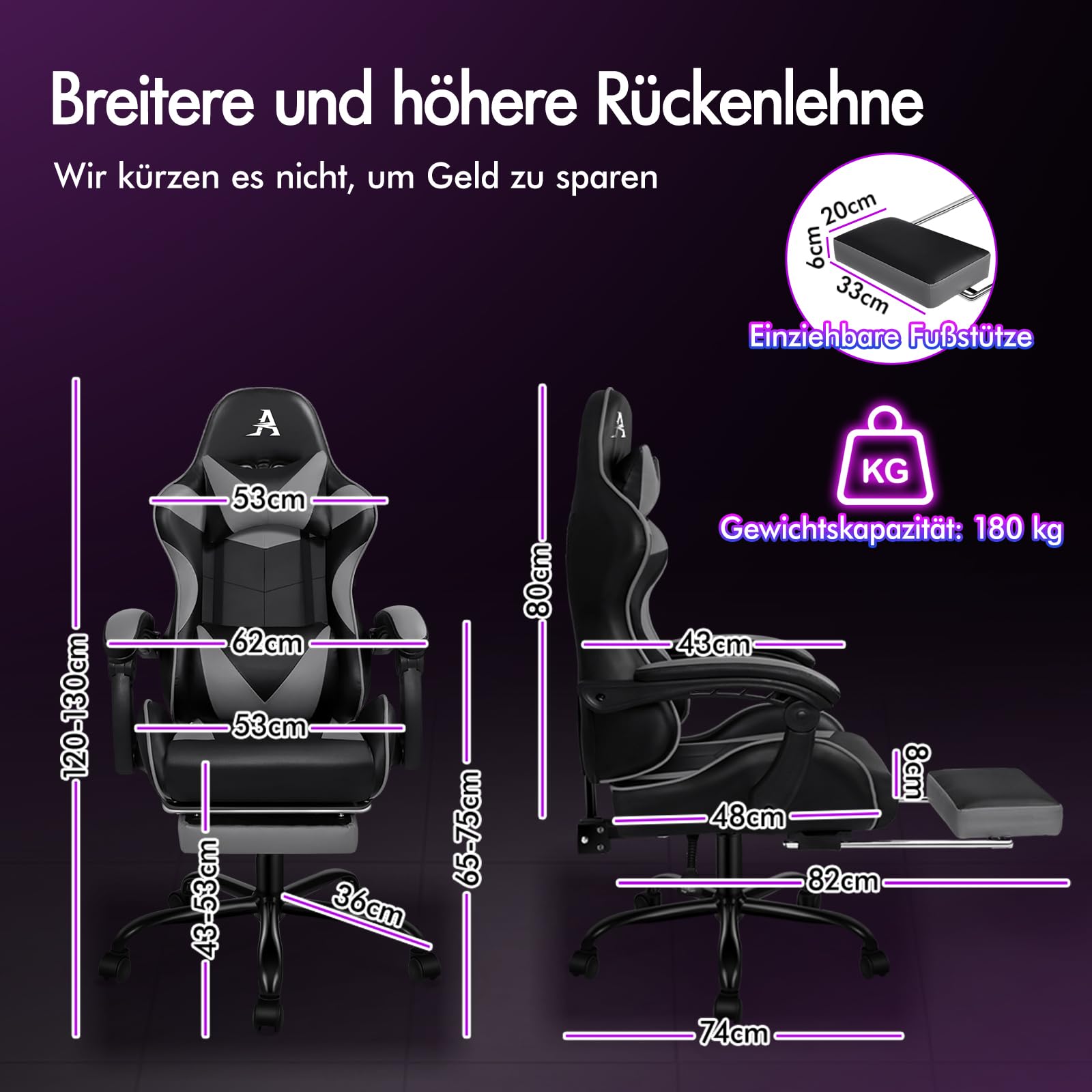 ALFORDSON Gaming Stuhl Massage Gamer Sessel, ergonomischer Bürostuhl, Schreibtischstuhl, Neigungswinkel 150°, höhenverstellbarer Computerstuhl, 180 kg bis, Einziehbare Fußstütze, PU-Leder, Grau