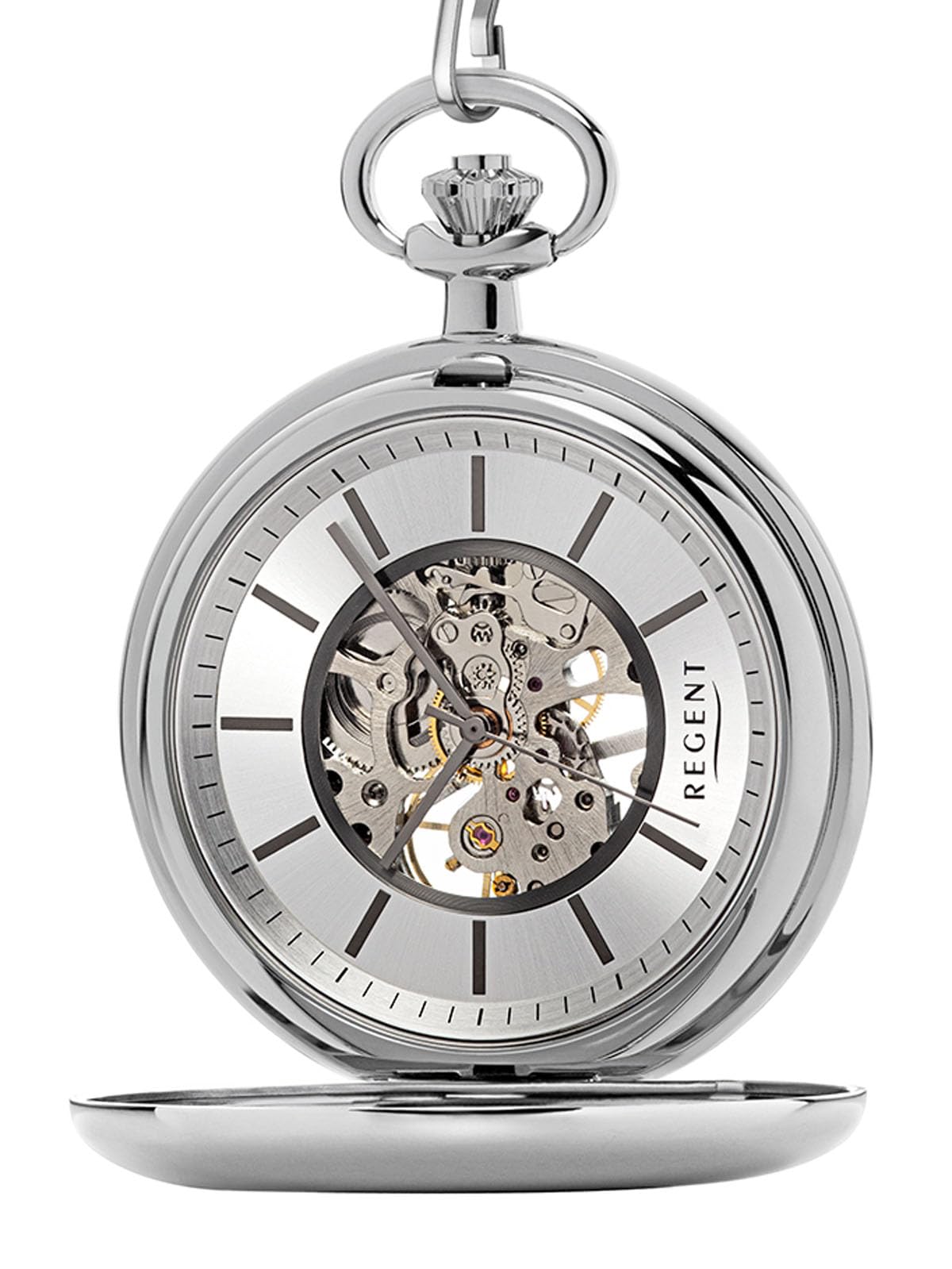 REGENT Herren Taschenuhr Skelett 51 MM Mechanischer Handaufzug incl. Taschenuhren Kette P-769